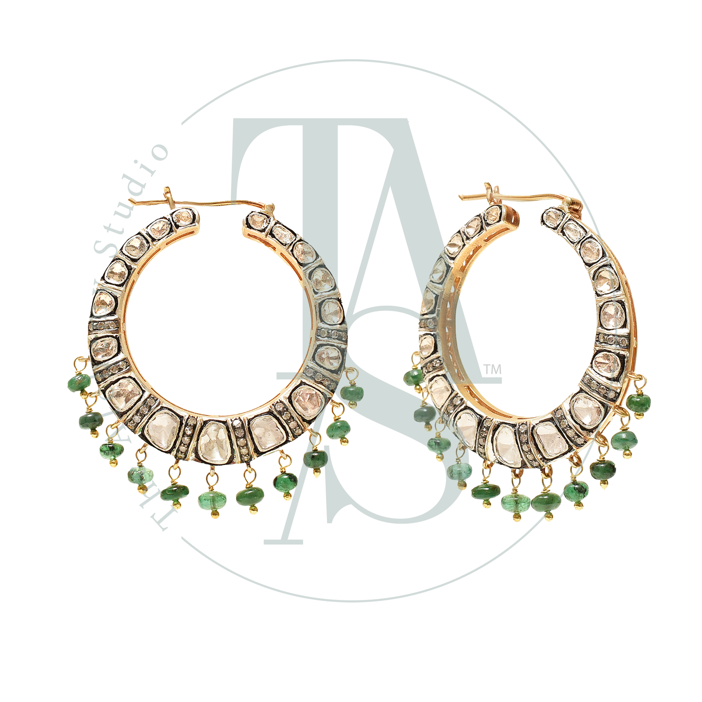 Eclipse Emerald and Uncut Diamond Hoops