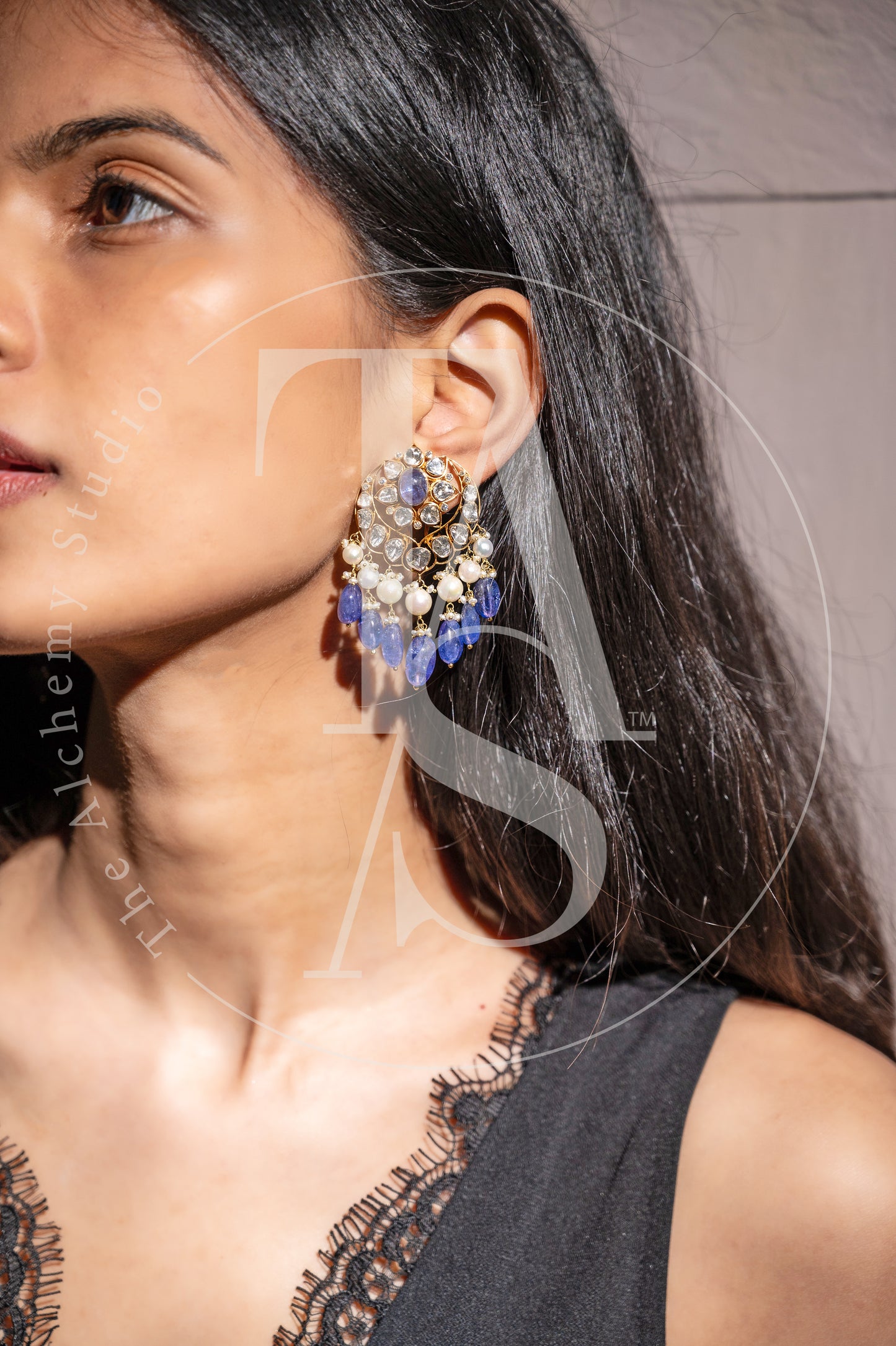 Uncut Diamond and Tanzanite Chand Earrings