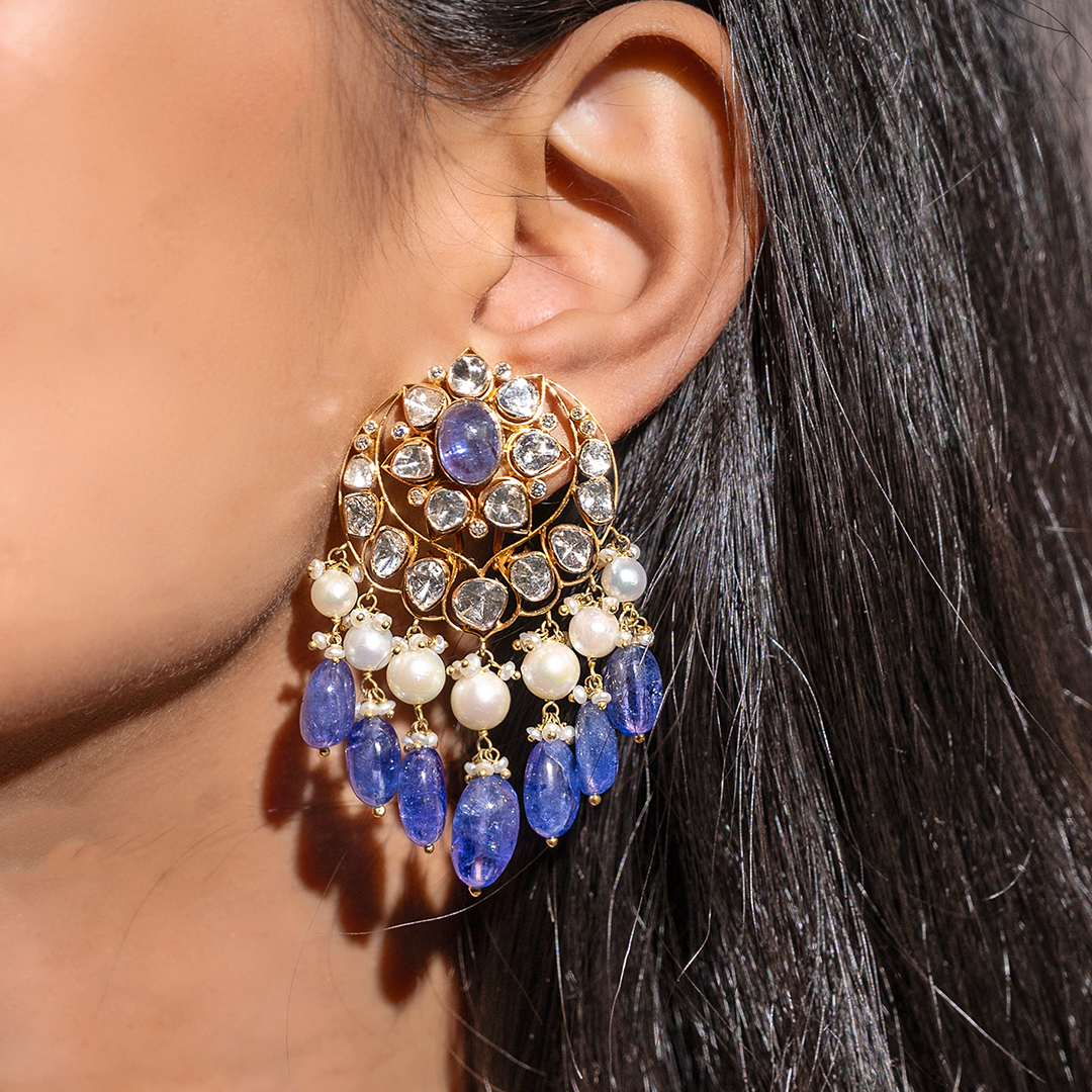 Tanzanite Polki Chand Earrings