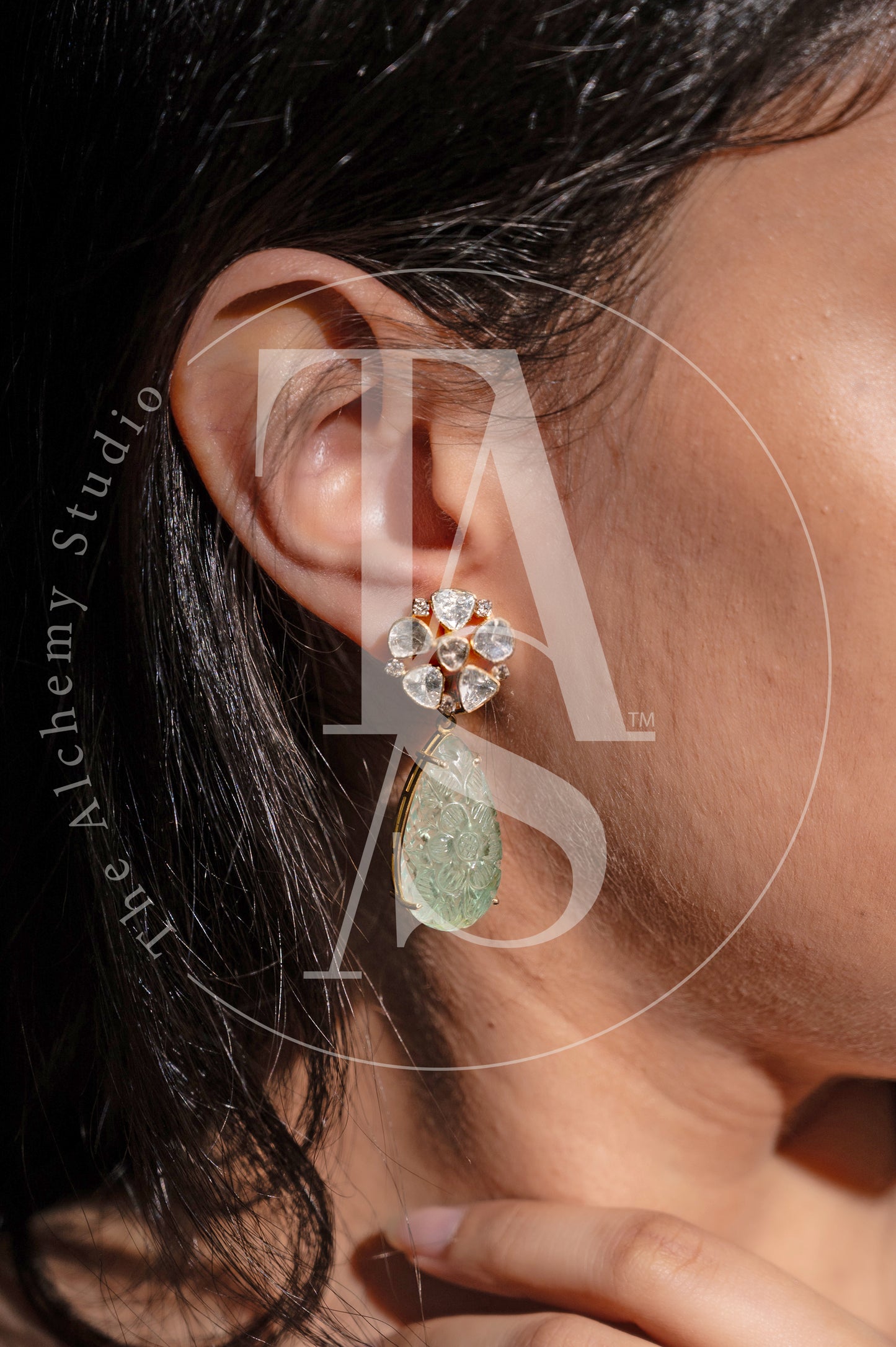 Moira Uncut Diamond Flower Detachable Earrings with Russian Emerald