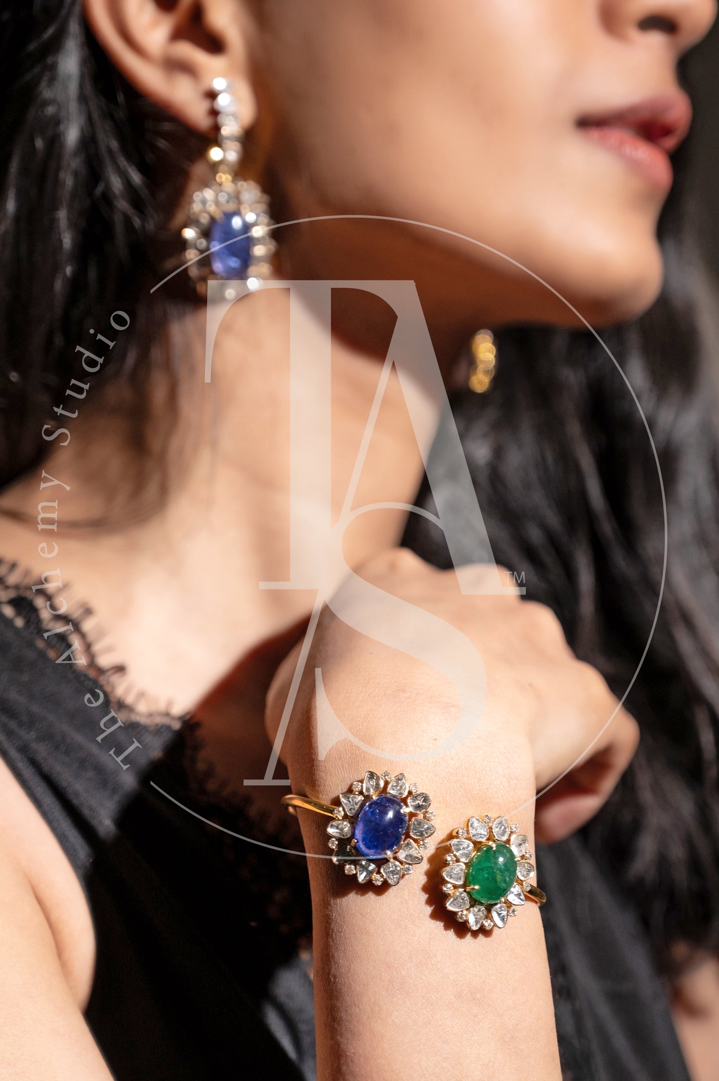 Kiyan Emerald and Tanzanite Flower Cuff with Uncut Diamonds