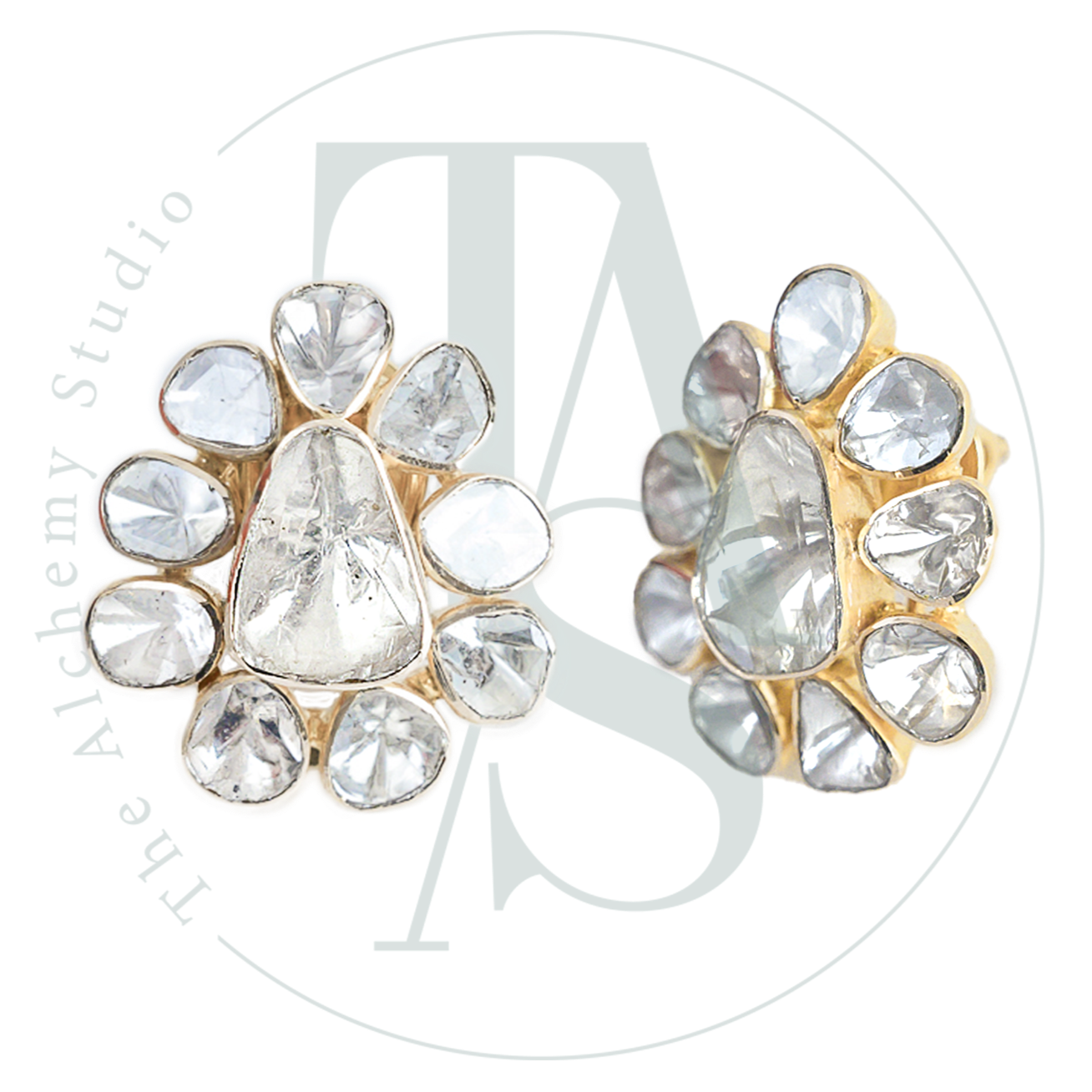 18kt Gold Jendayi Oval Uncut Diamond Flower Earrings