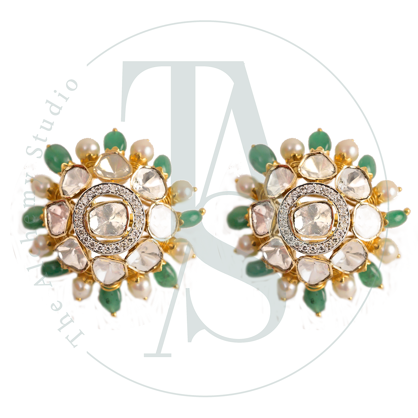 Tohar Polki Diamond and Emerald Flower Earrings