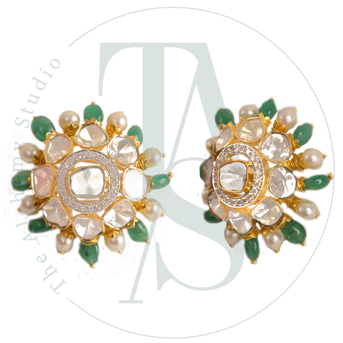 Tohar Polki Diamond and Emerald Flower Earrings