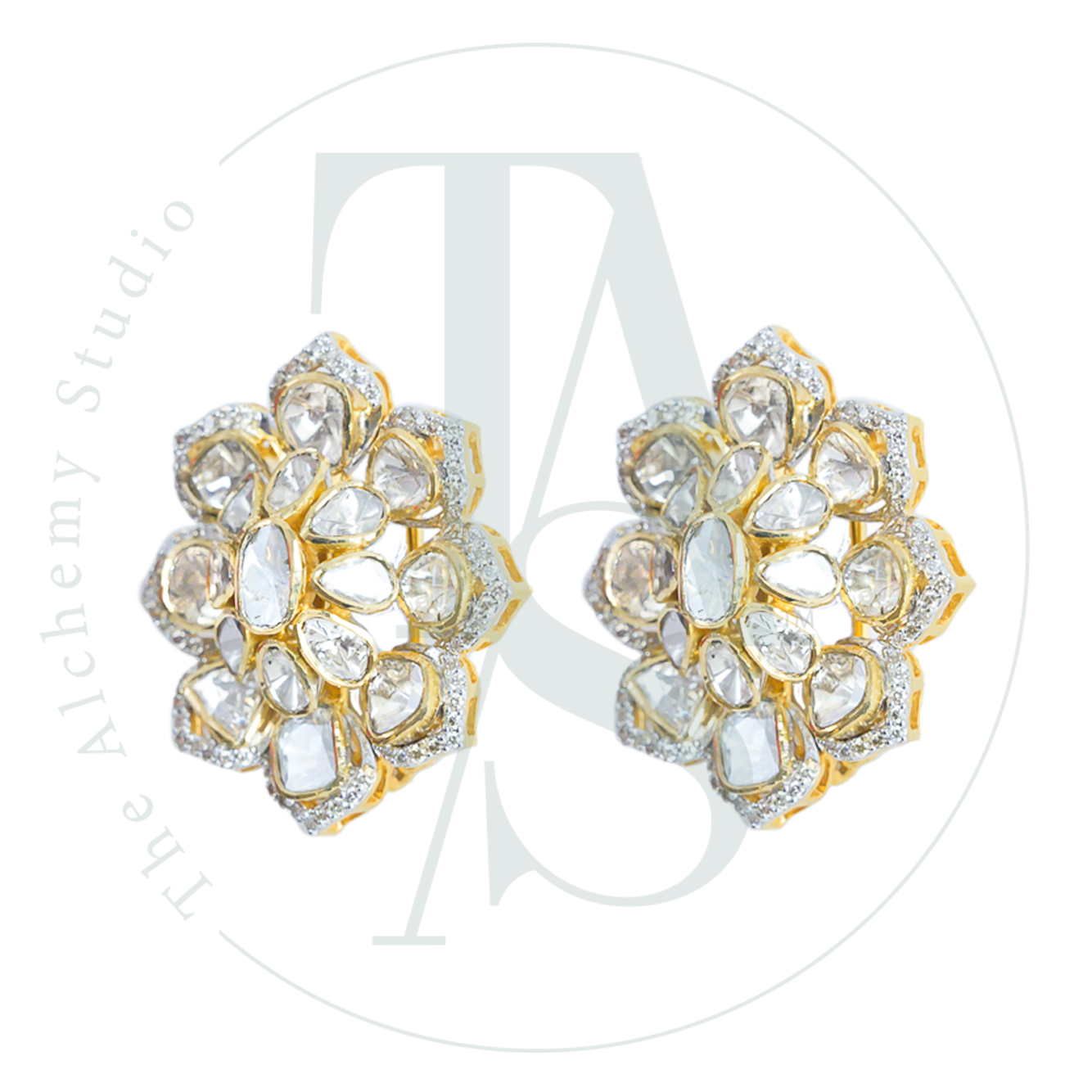 18kt Gold Zane Oval Uncut Diamond and Diamond Flower Earrings