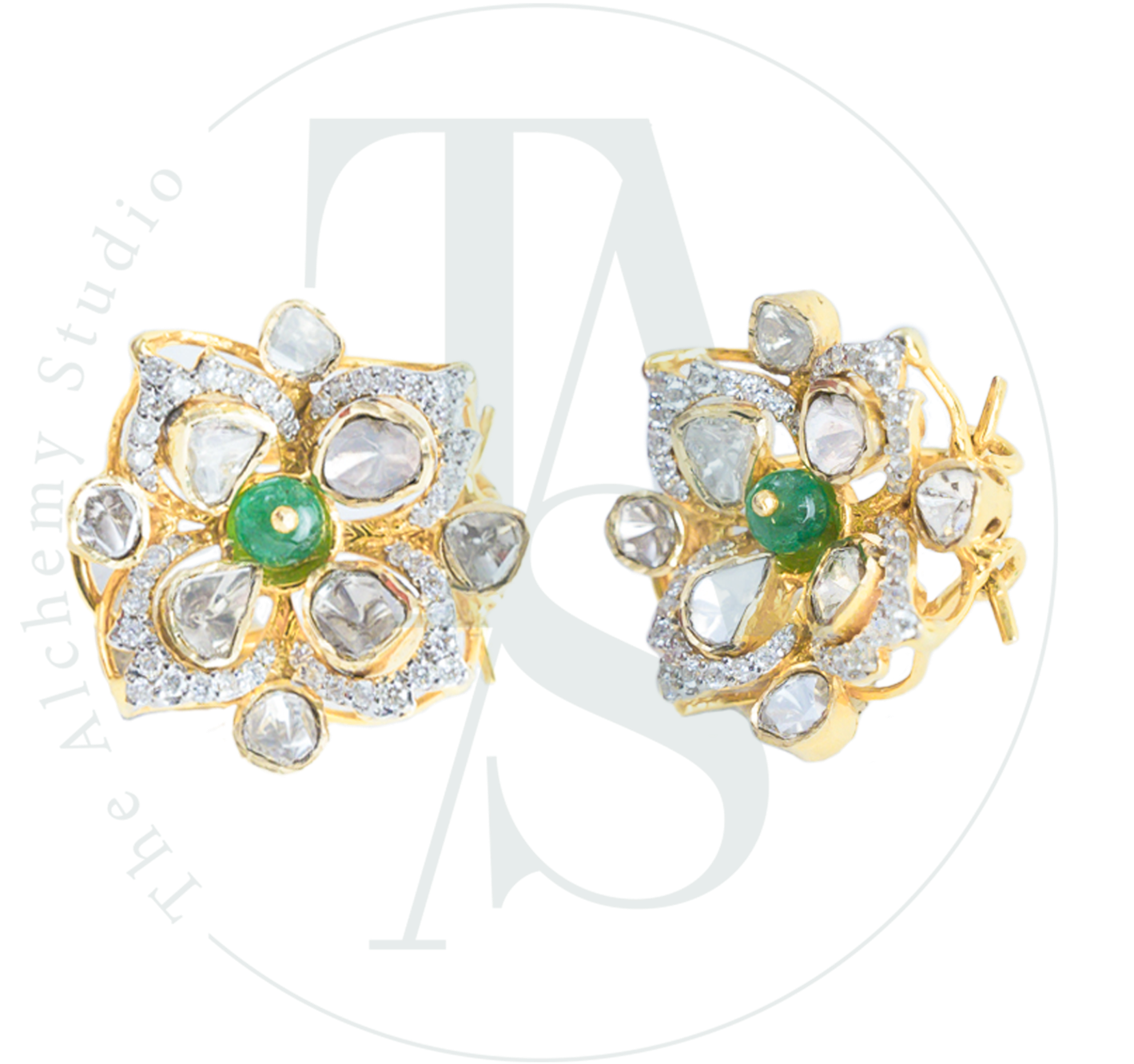 Shay Mini Polki and Emerald Flower Earrings