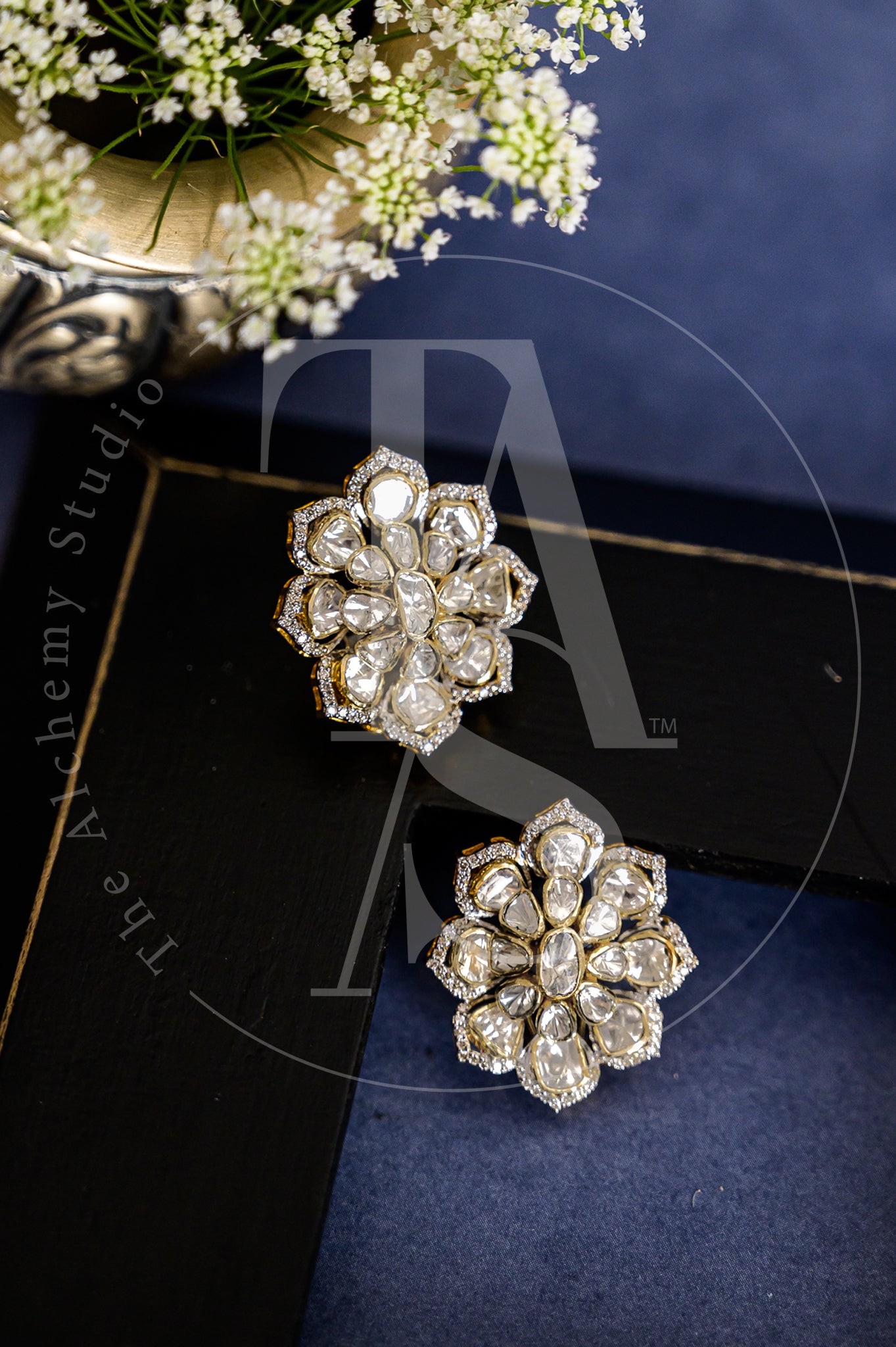 18kt Gold Zane Oval Uncut Diamond and Diamond Flower Earrings