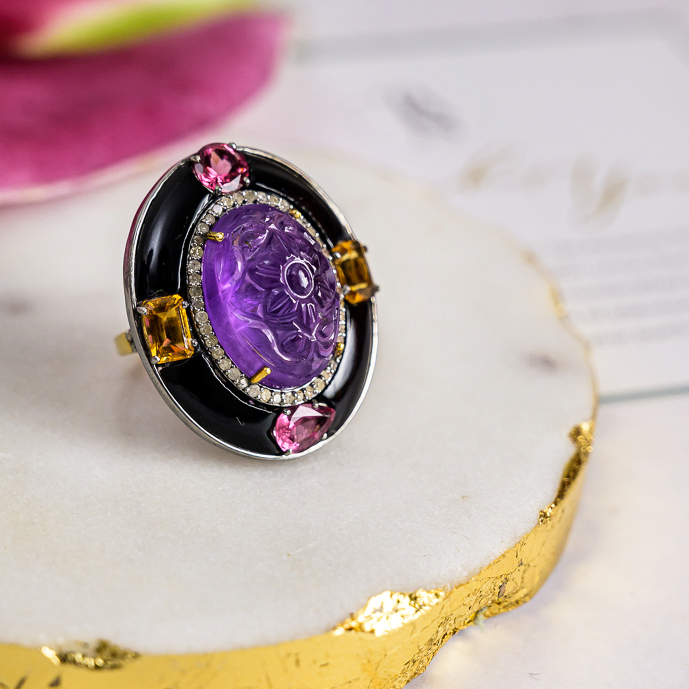 Stena Amethyst Pink Sapphire Citrine Black Onyx Diamond Ring