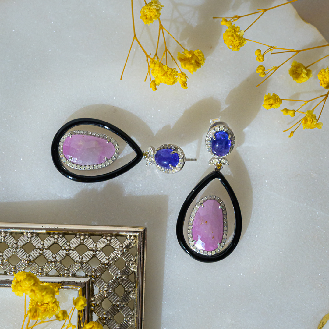 Olena Tanzanite Pink Sapphire Black Onyx Diamond Earrings