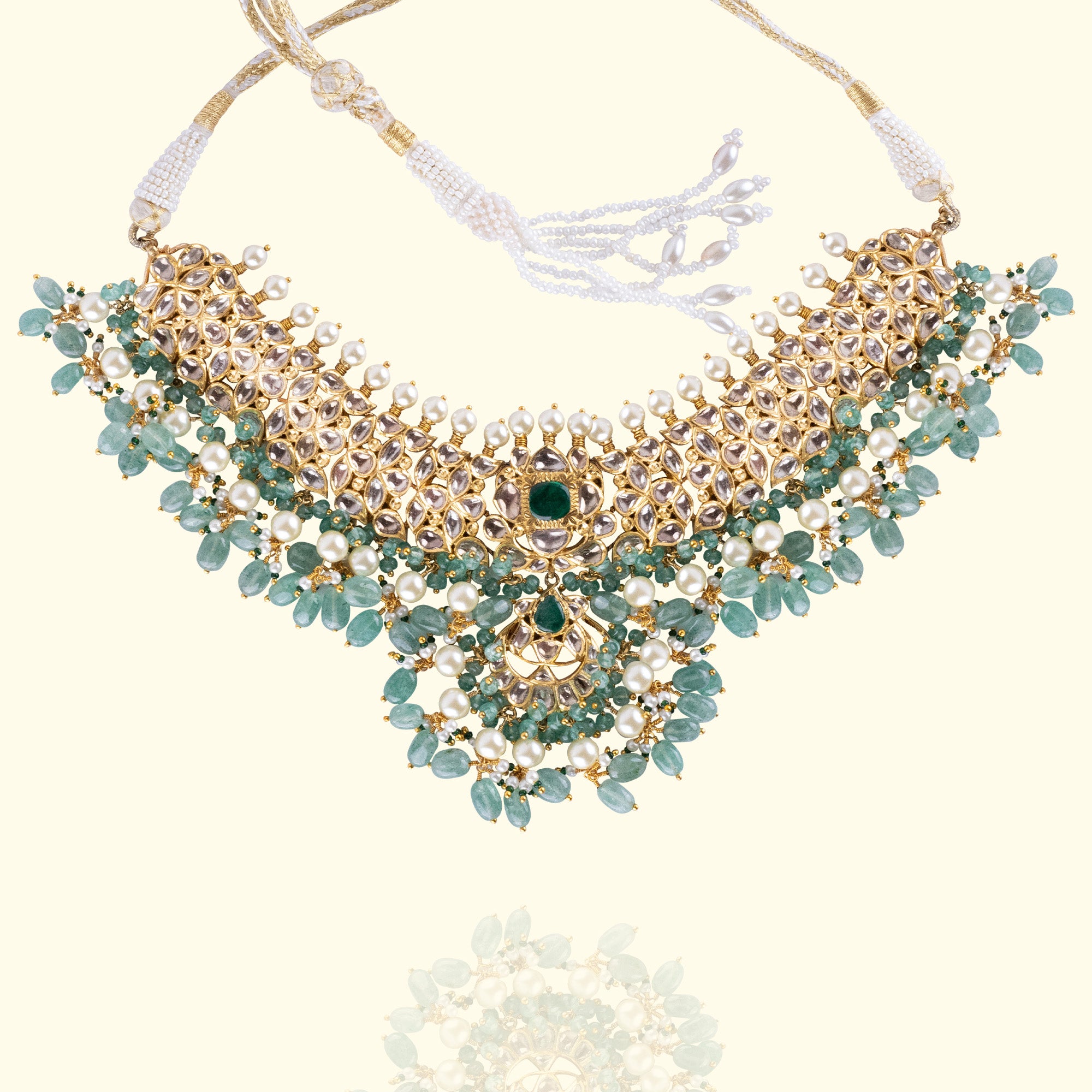 Emerald Polki diamond gold necklace, handcrafted luxury traditional Indian jewellery, statement necklace