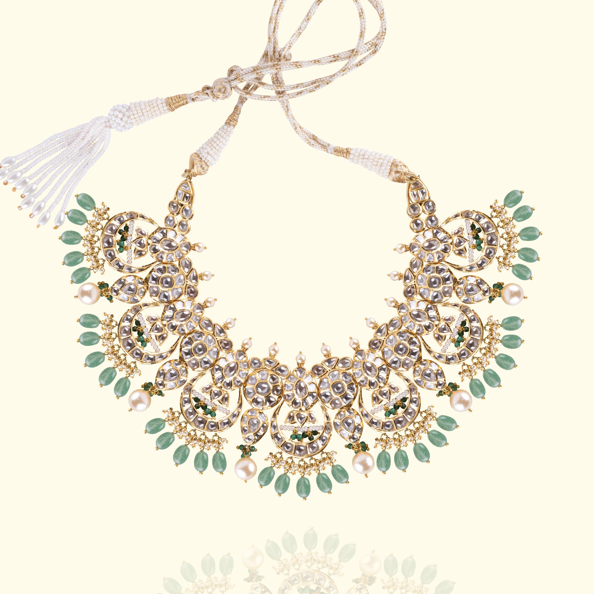 Emerald Polki diamond gold necklace, luxury handcrafted traditional jewellery, statement necklace for women