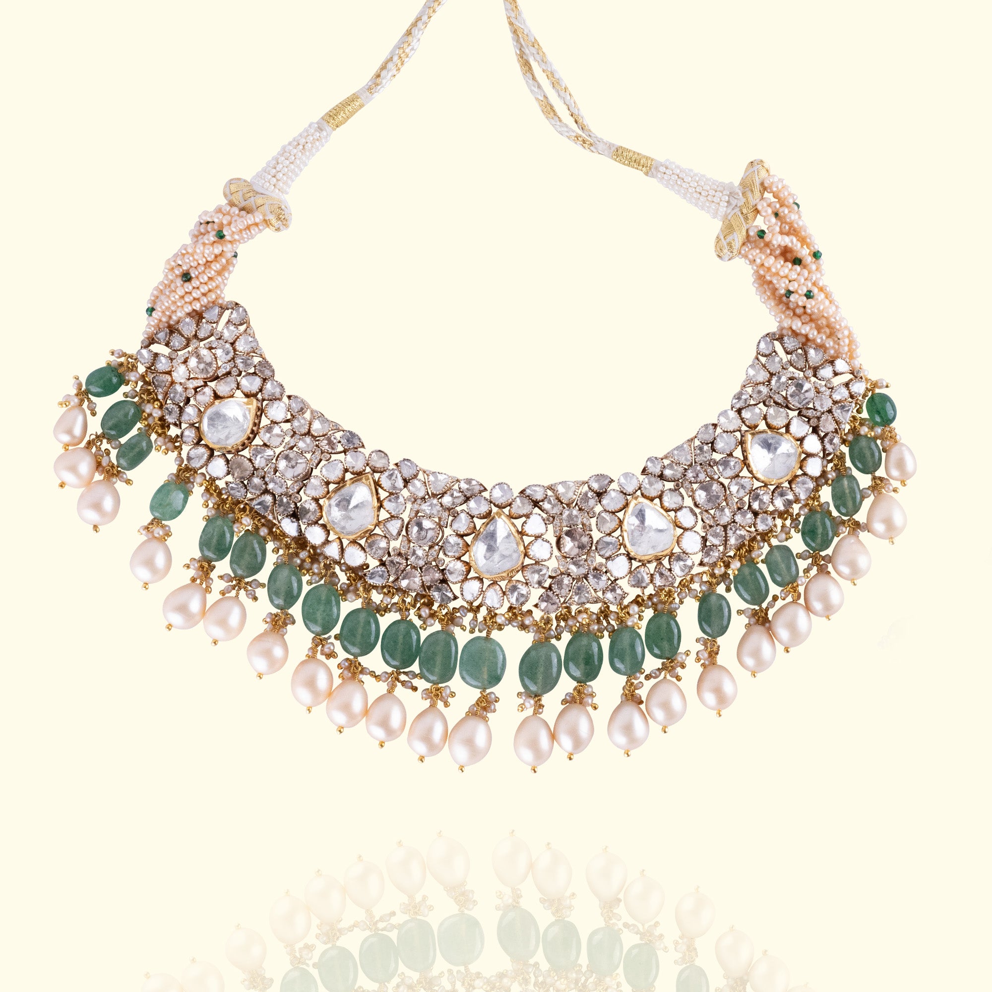 Emerald and Polki diamond gold necklace, traditional luxury handcrafted fine jewellery for women