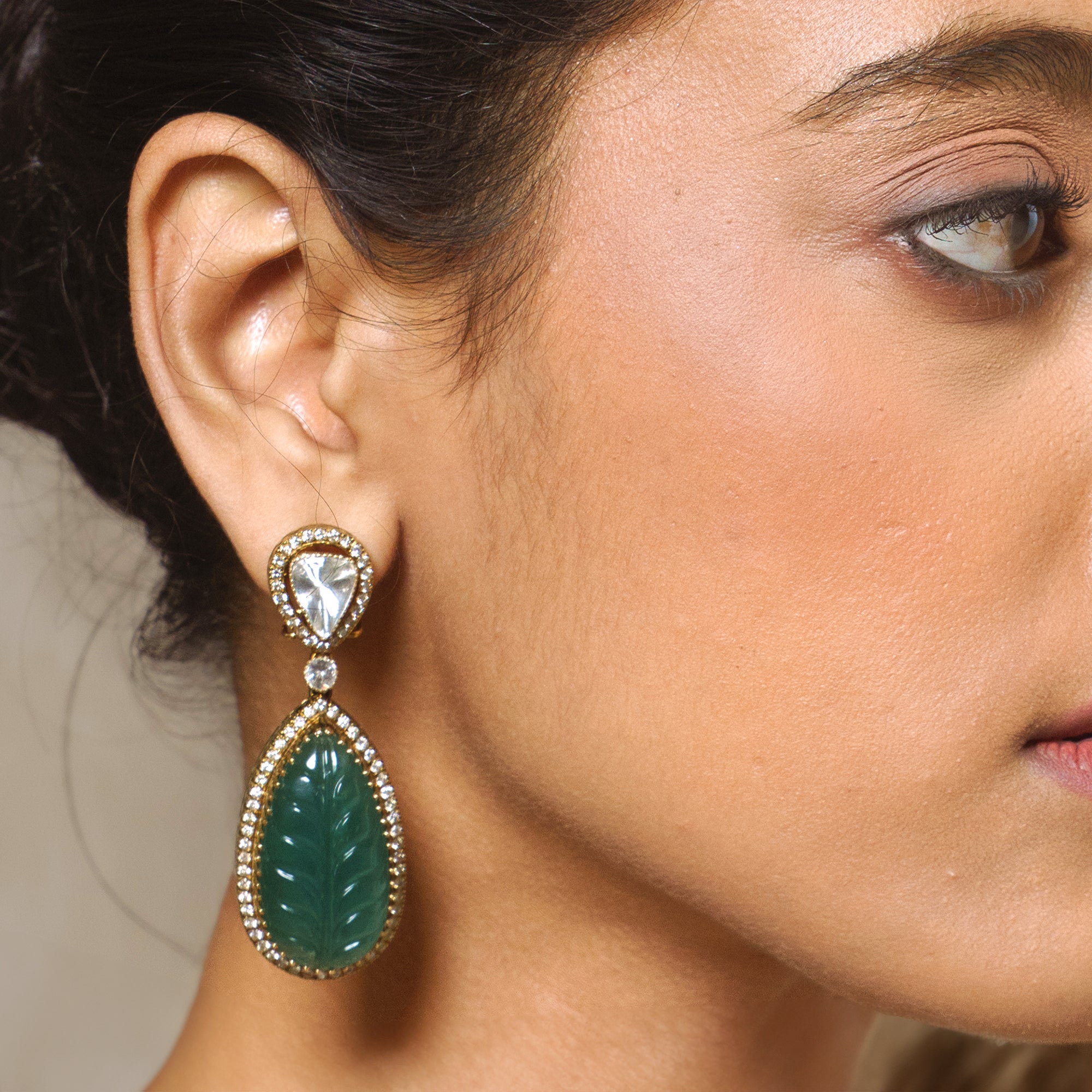 Vanya Carved Emerald Polki Earrings