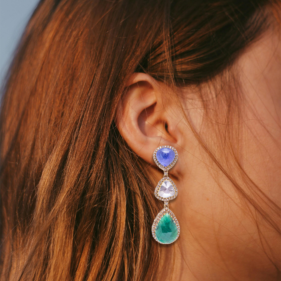 Amberosia Tanzanite Emerald Polki Earrings