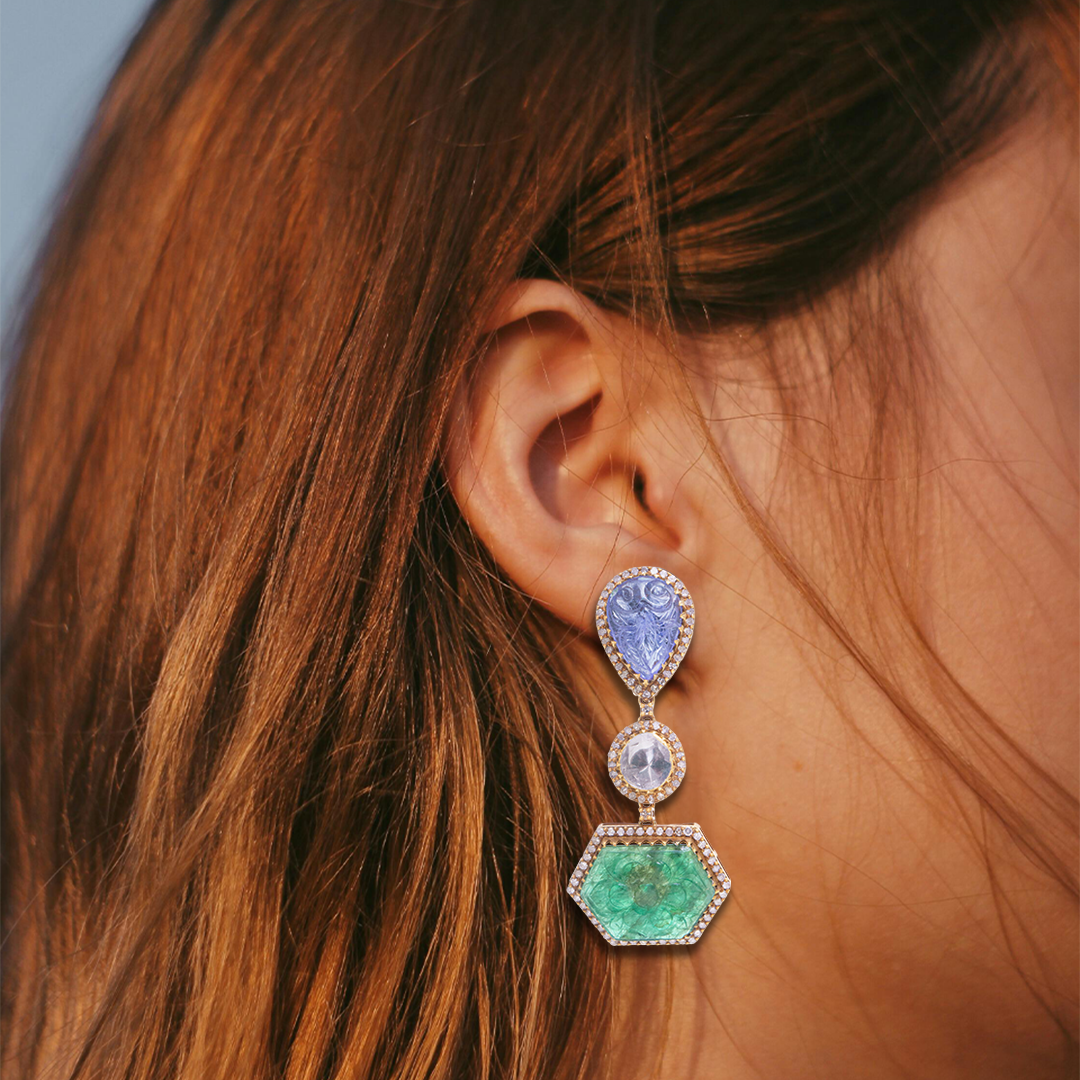 Chloe Emerald Tanzanite Polki Earrings