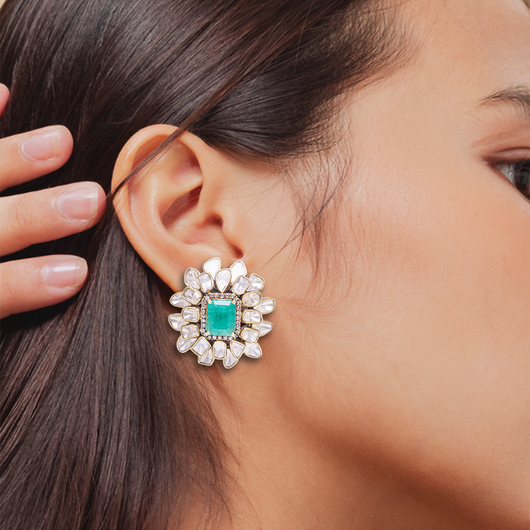 Rectangle Emerald Polki Flower Earrings