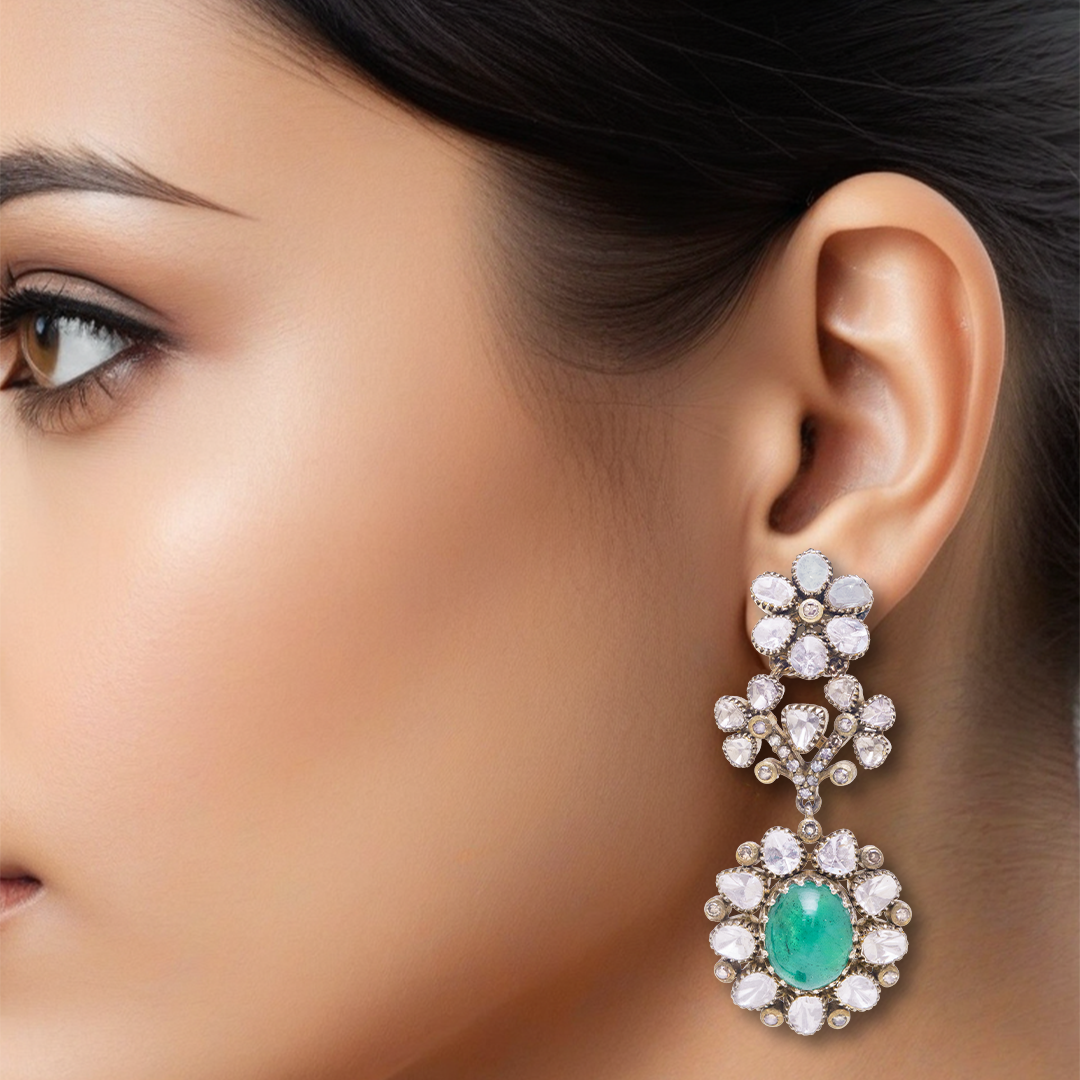Thistle Emerald Polki Flower Earrings