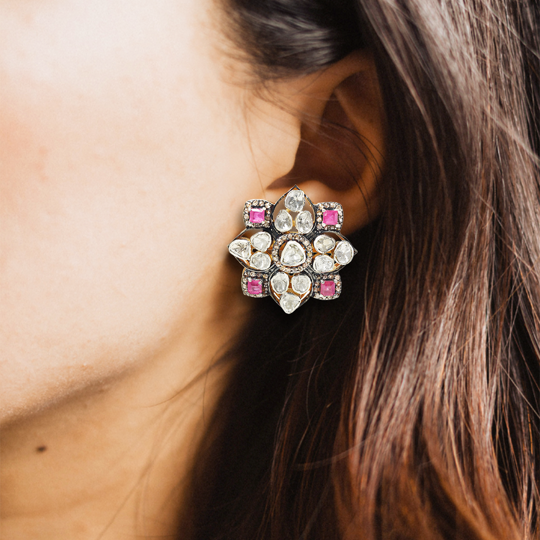 Ruby Polki Flower Earrings