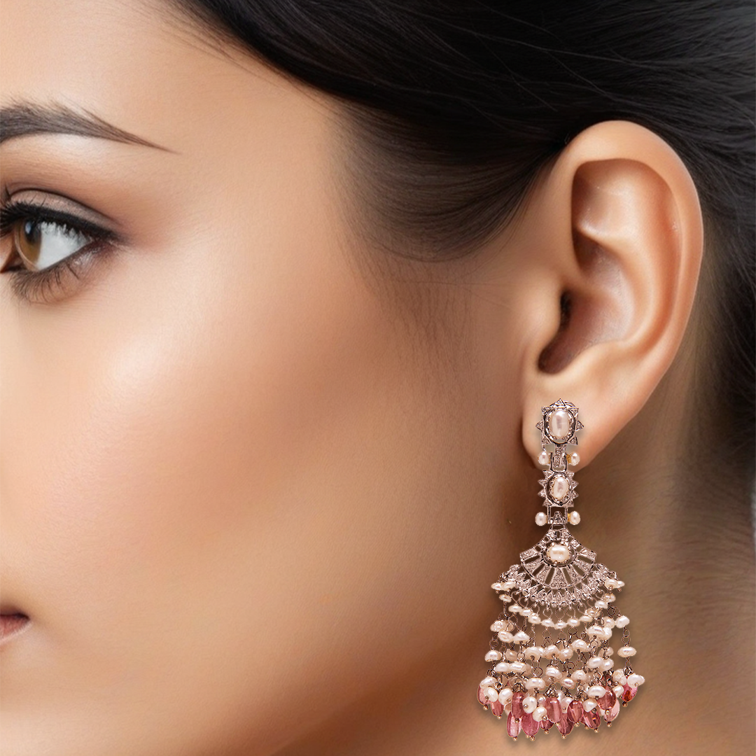Flare Fringe Pink Tourmaline Pearls Earrings