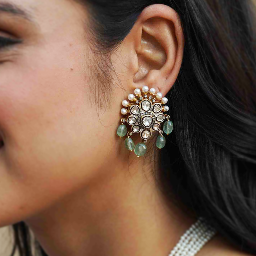 Emerald Polki Wildflower Earrings