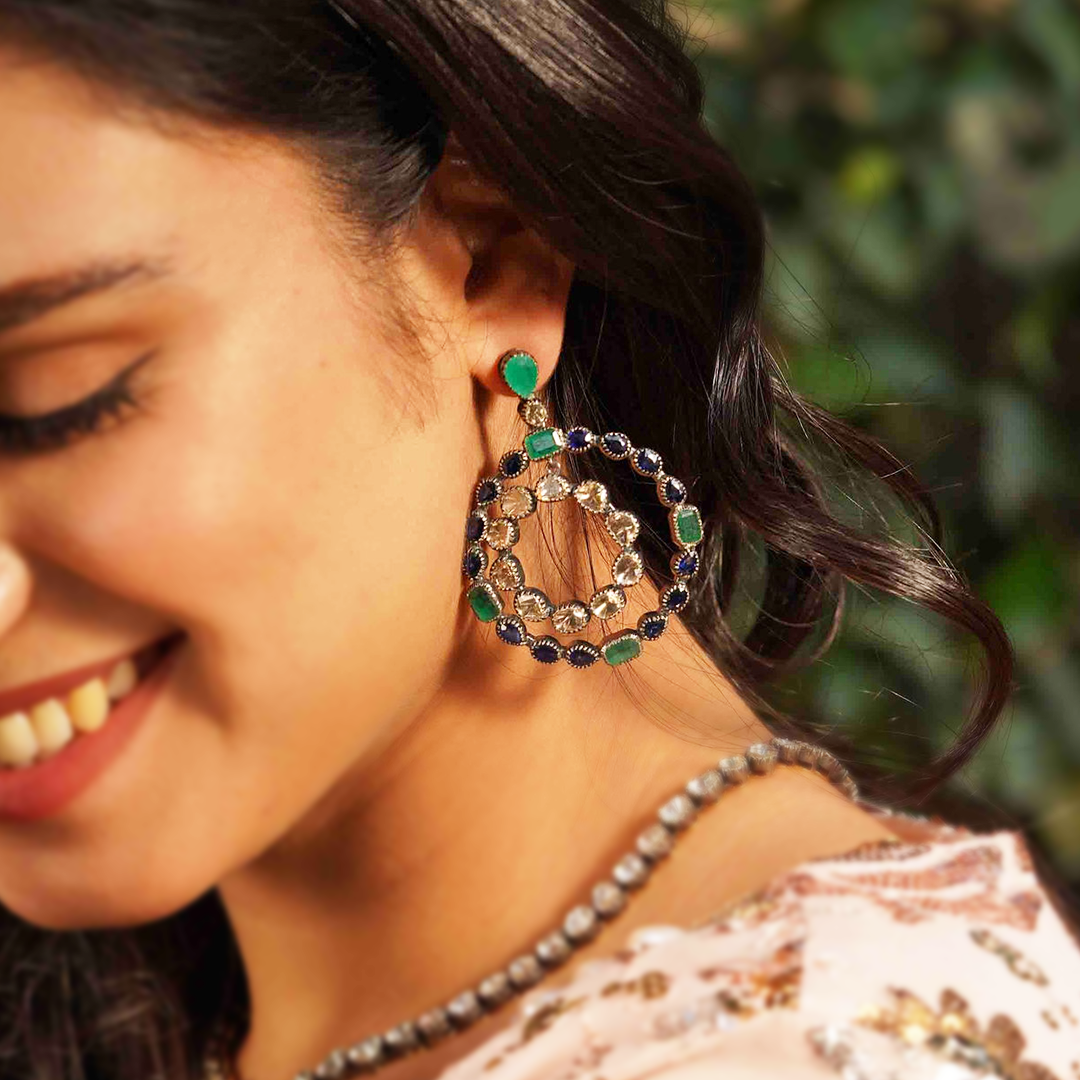 Sapphire and Emerald Polki Hoops