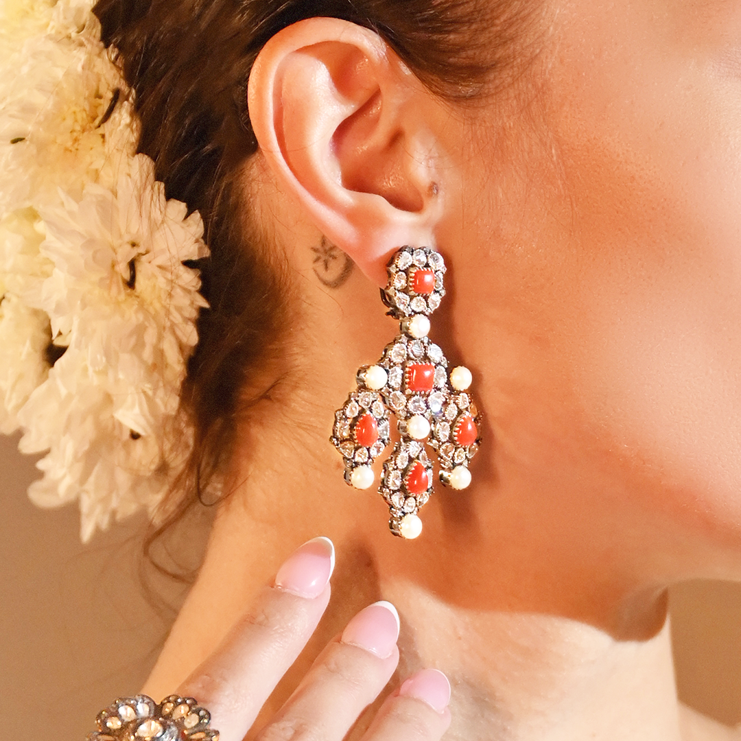 Coral Pearl Polki Chandelier Earrings