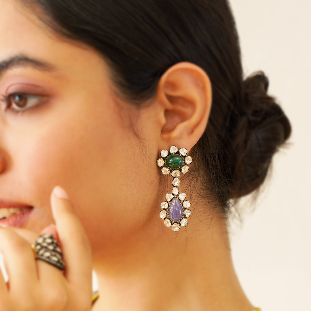 Floral Flow Polki Tanzanite Emerald Earrings