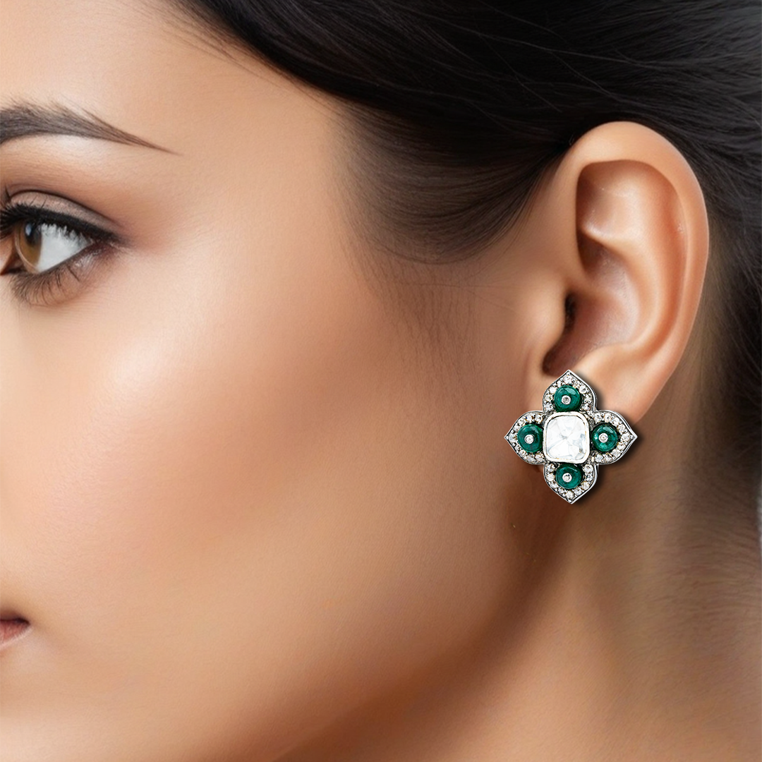 Four Petal Emerald Polki Earrings