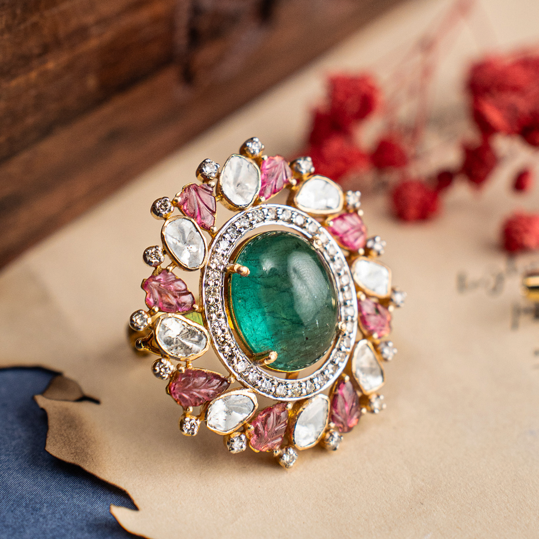 Ekiza Emerald Ruby Polki Ring (Detachable Pendant)