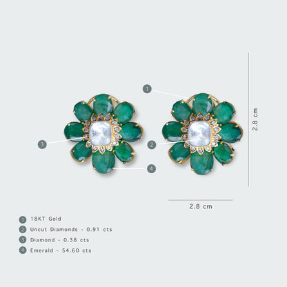 18kt Gold Ezra Emerald and Uncut Diamond Flower Earrings