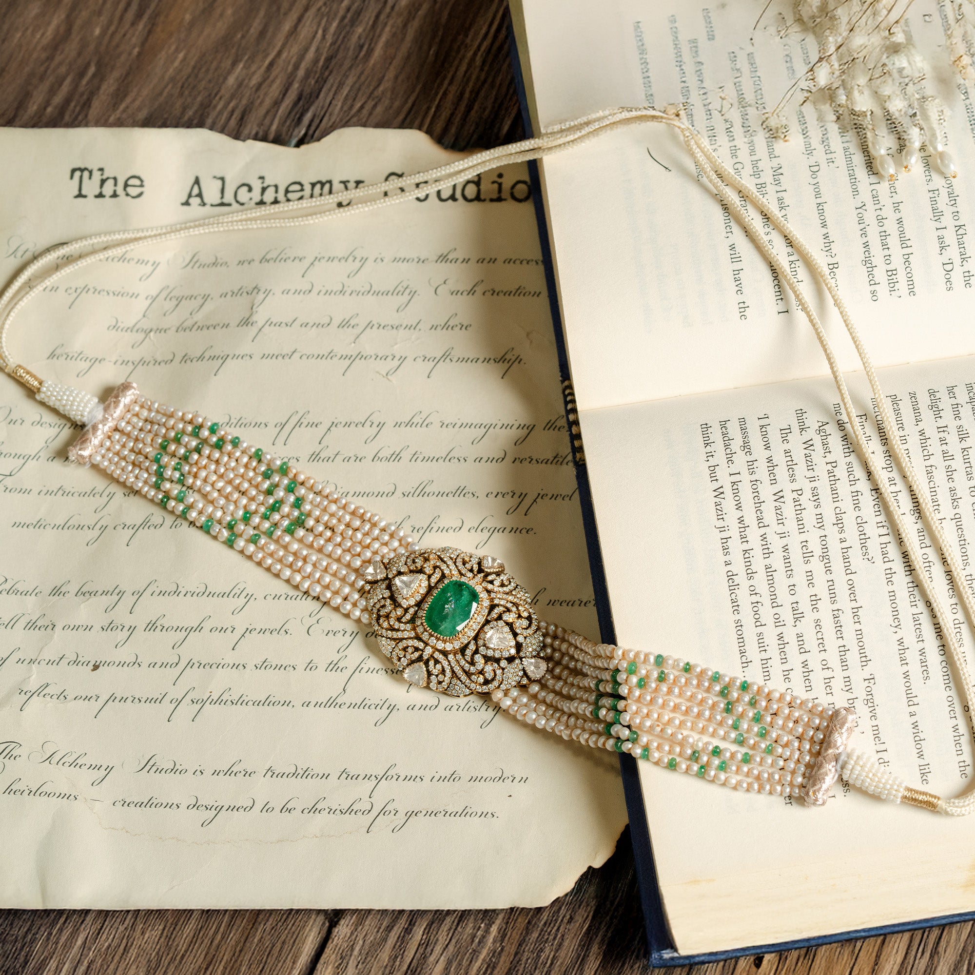 Emerald diamond gold choker, handcrafted luxury fine jewellery, statement choker for women