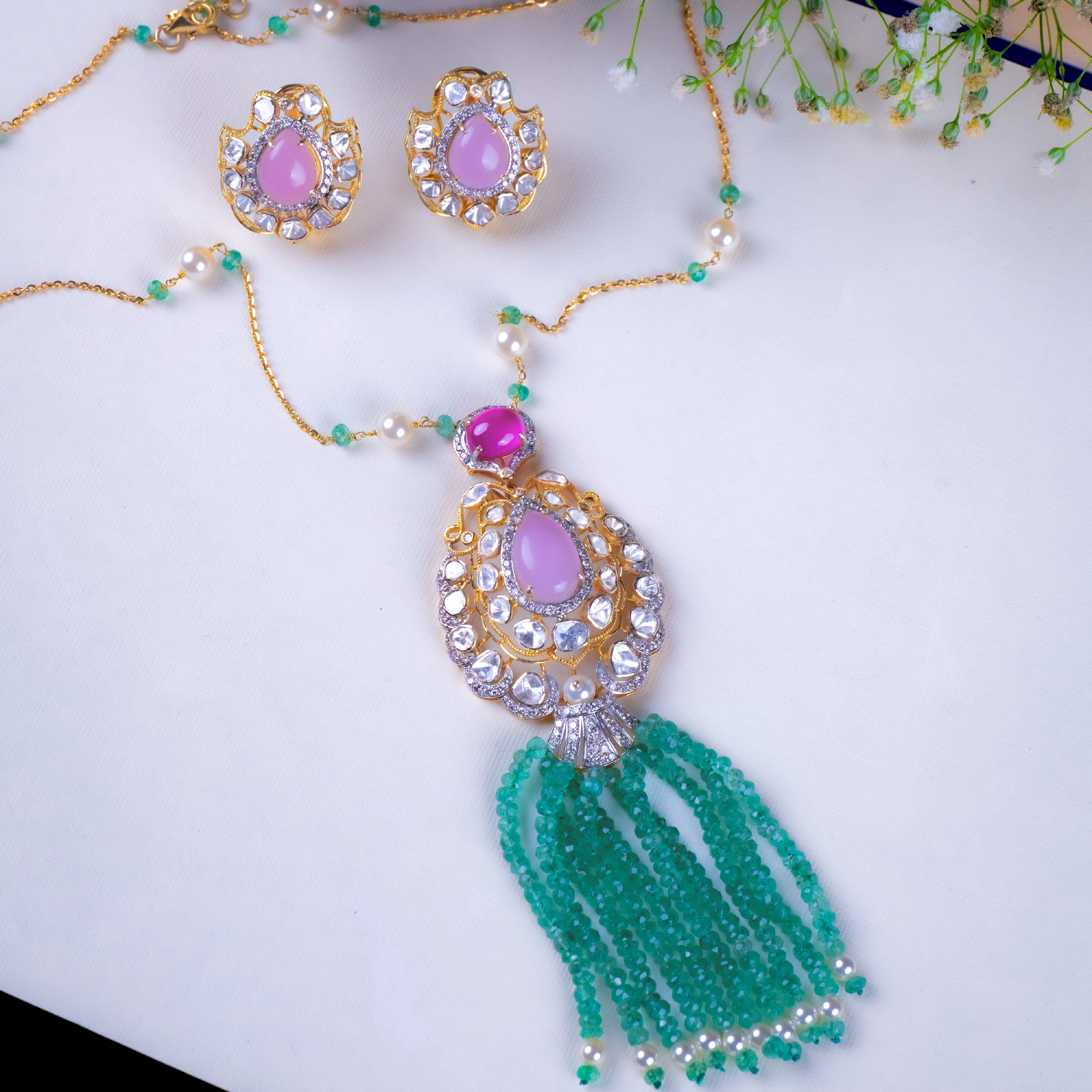 Raya Ruby Morganite Emerald Polki Pendant