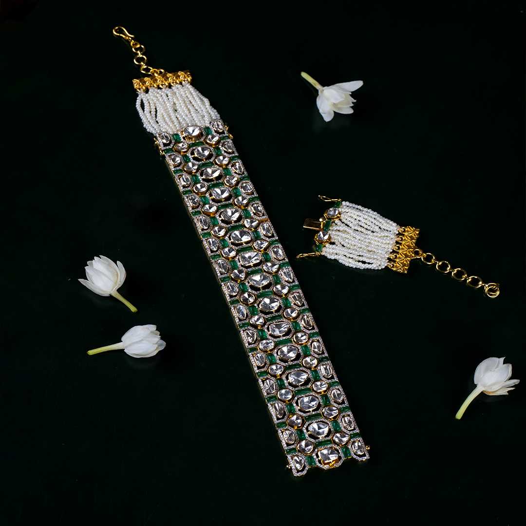 Emerald Polki diamond gold bracelet, luxury designer traditional jewellery India