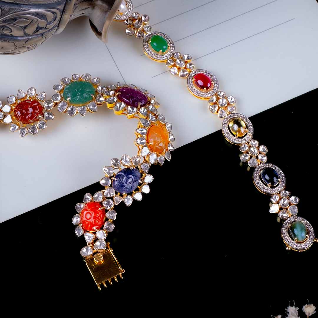Multi-gem diamond gold bracelet, heritage luxury traditional jewellery India