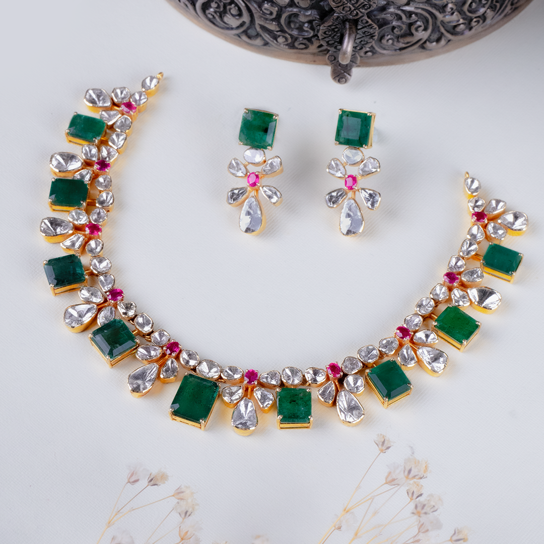 Nyaan Zambian Emerald Ruby Polki Earrings