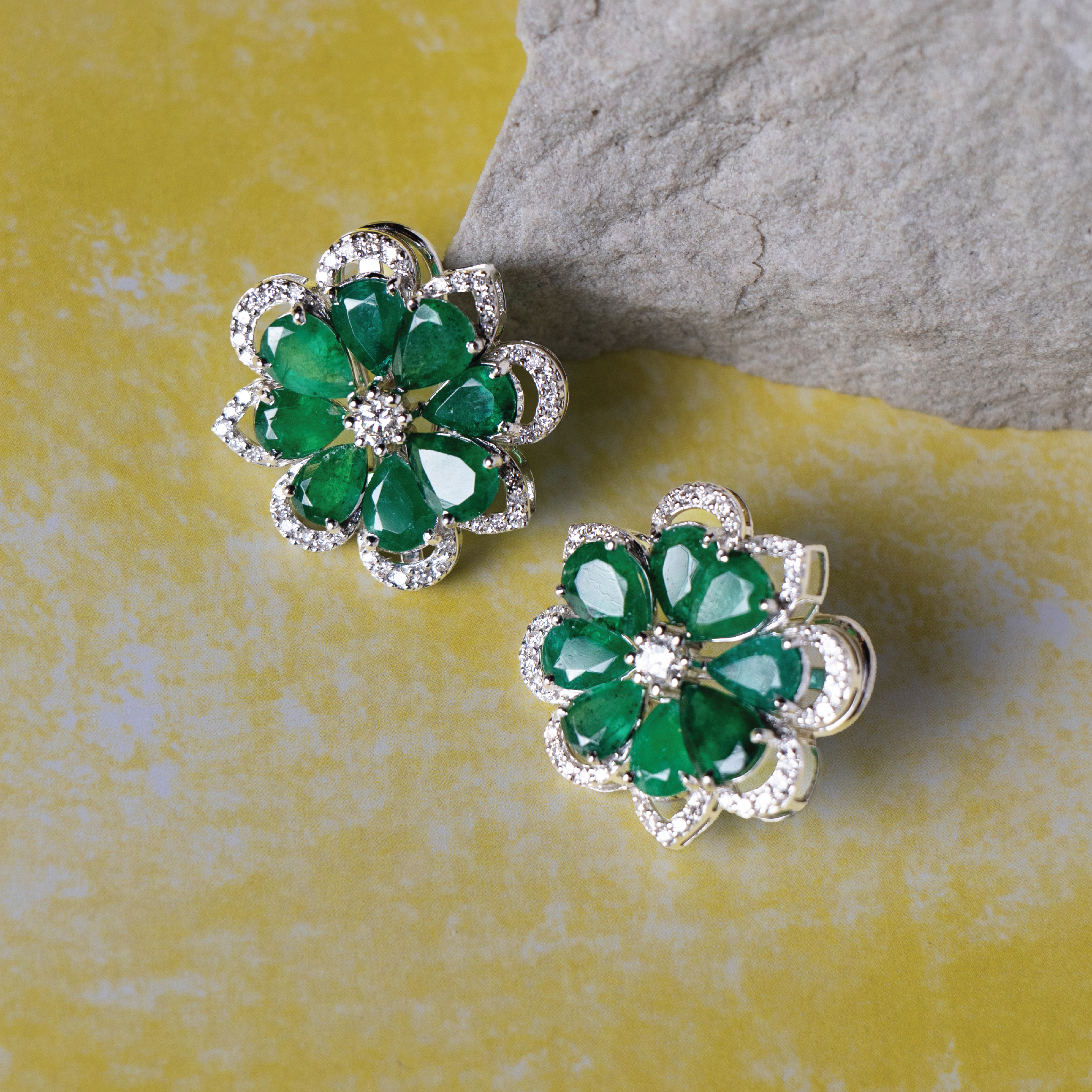 Fluer Zambian Emerald Diamond Earrings