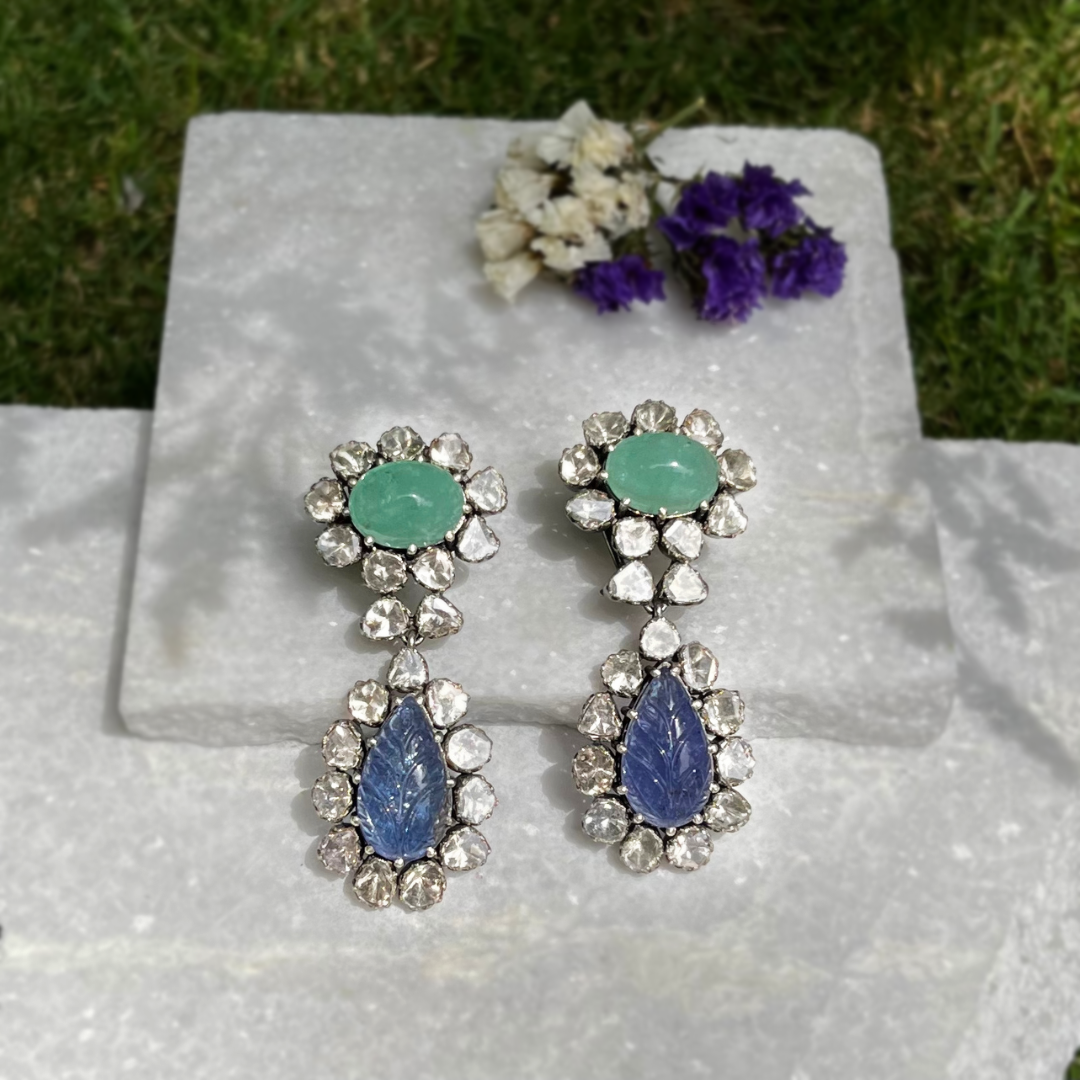 Floral Flow Polki Tanzanite Emerald Earrings