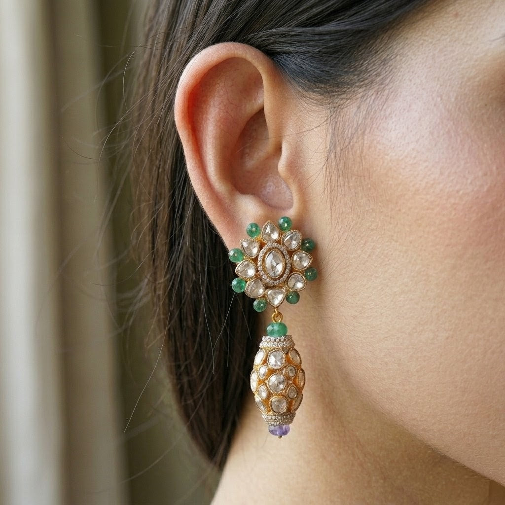 Floret Polki Emerald Earrings