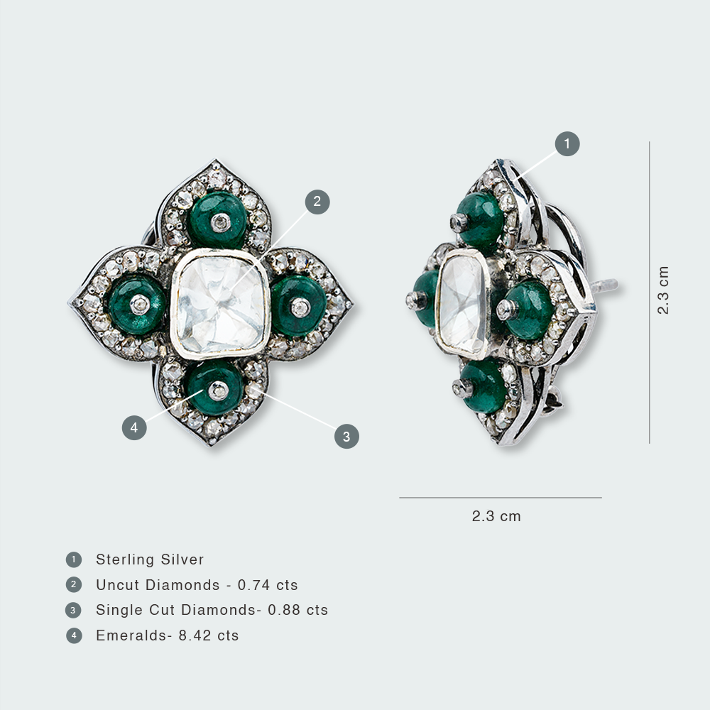 Four Petal Emerald Polki Earrings