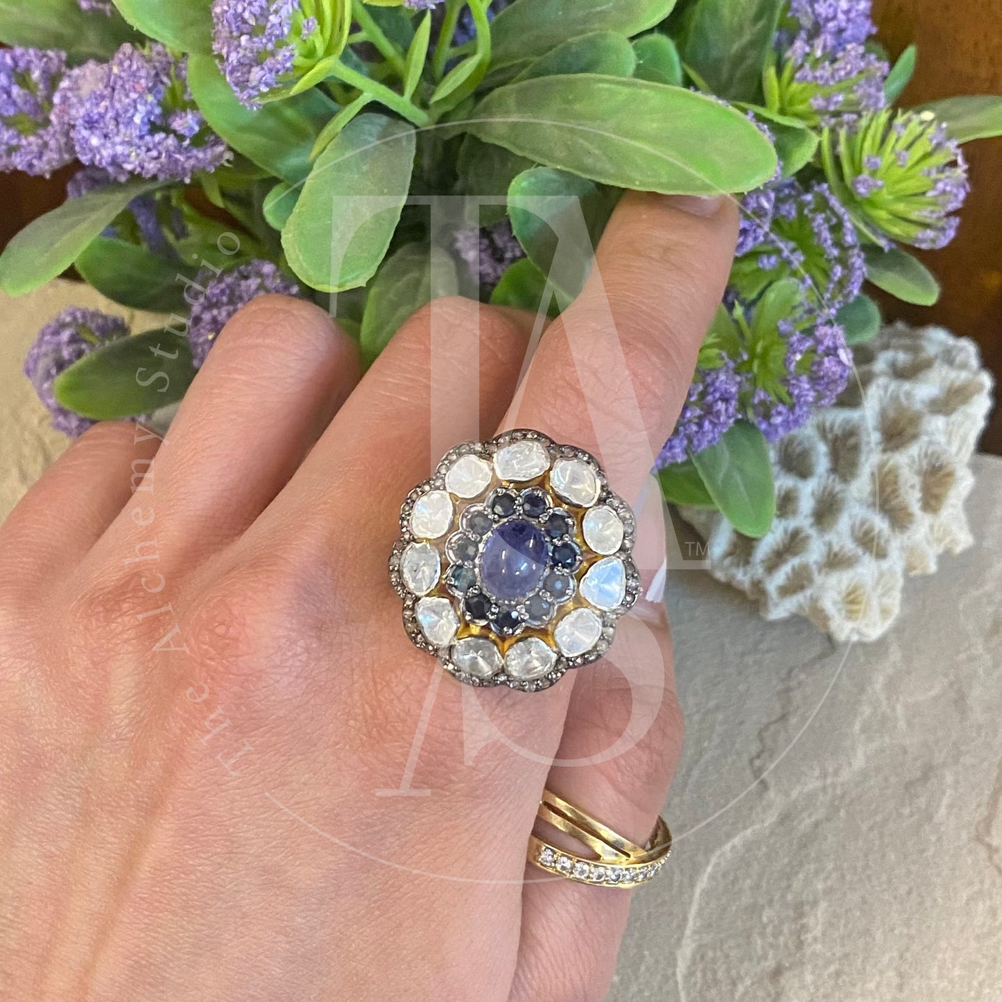 Astrales Flower Sapphire And Uncut Diamond Ring