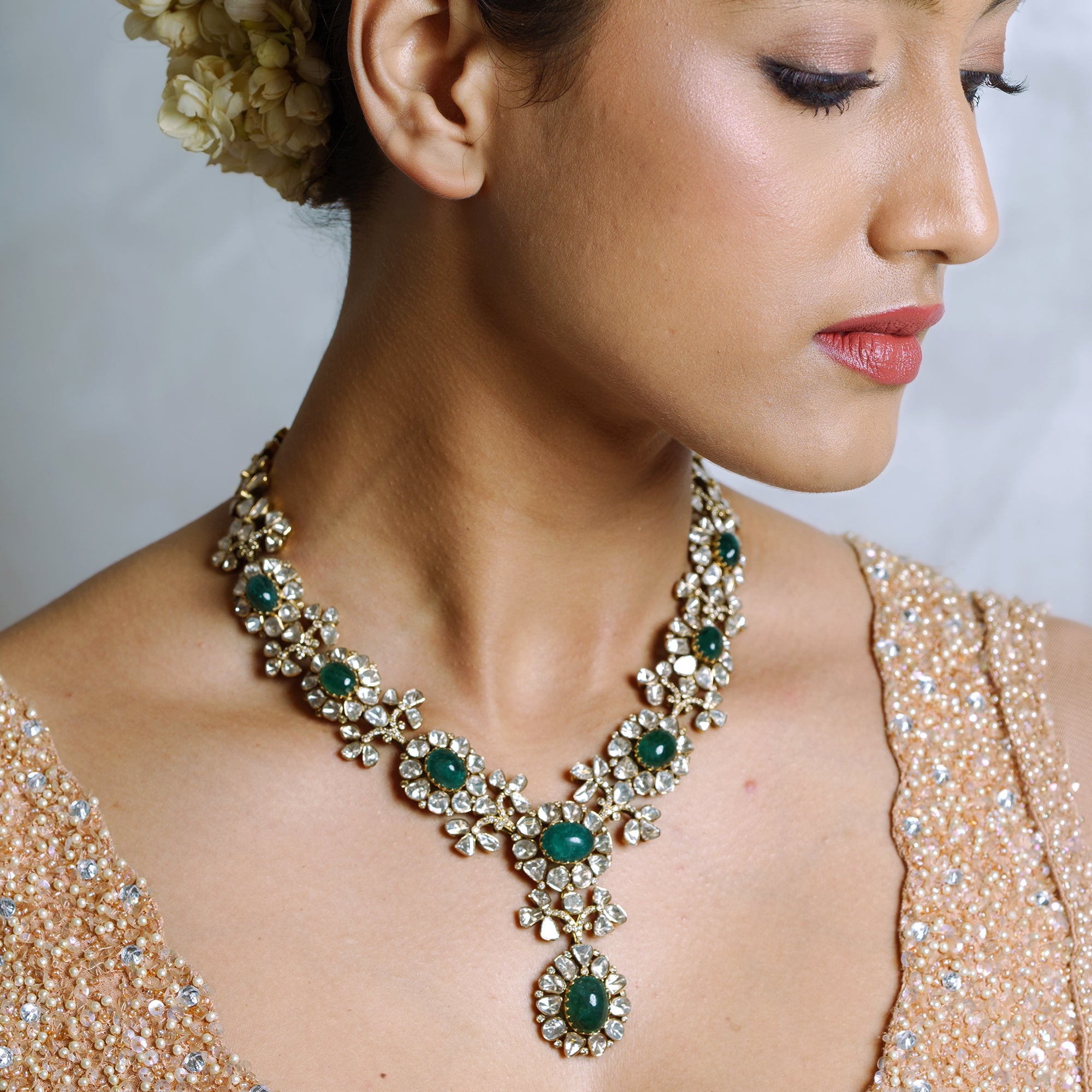Aleezah Floral Emerald Polki Necklace