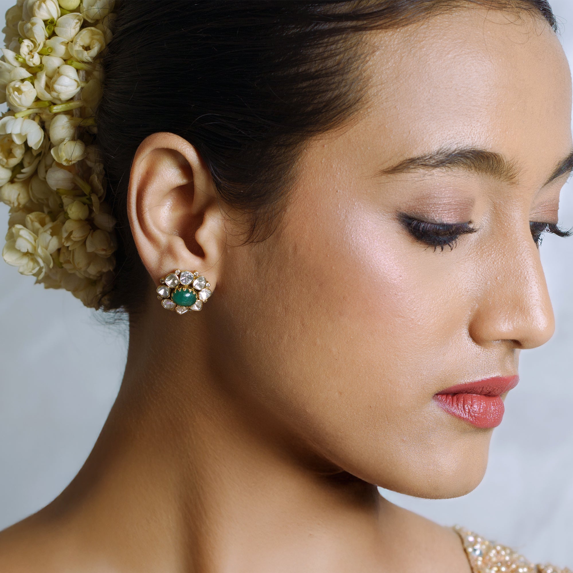 Aleezah Floral Emerald Polki Earrings