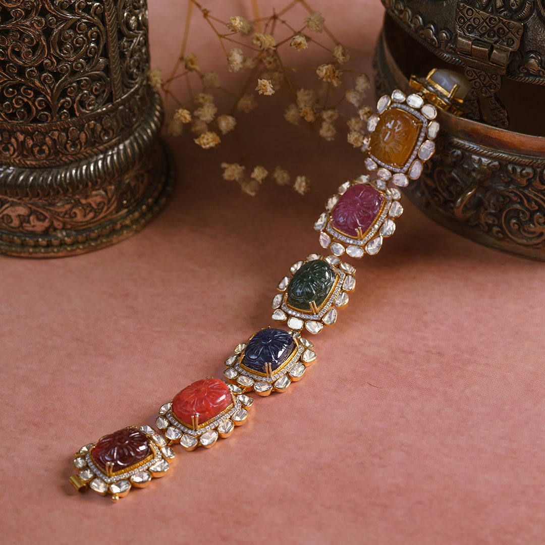Ratnabali Navratan Bracelet with Polki and gemstones in 14Kt gold by The Alchemy Studio