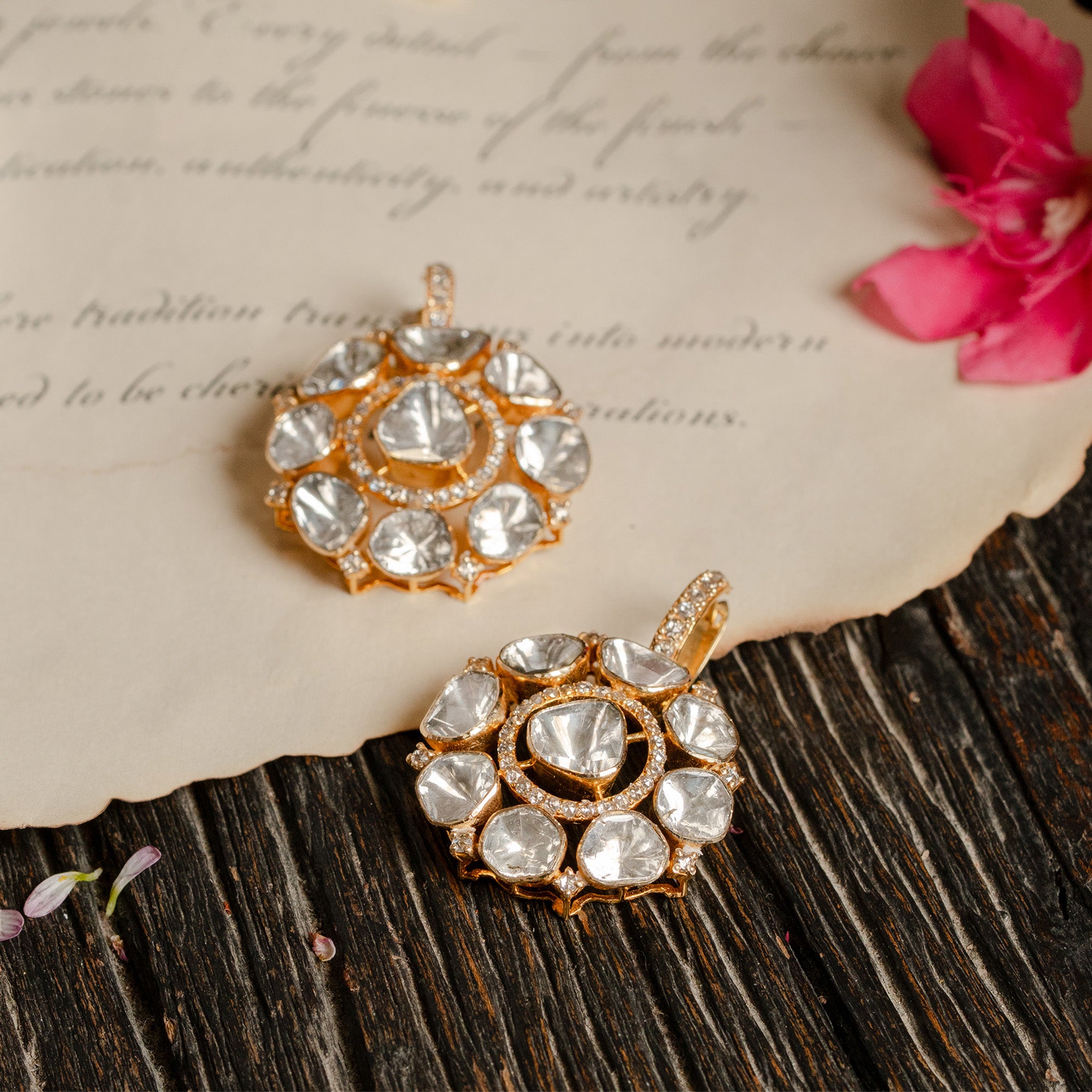 Polki diamond gold earrings, handcrafted luxury Indian heritage fine jewellery for women