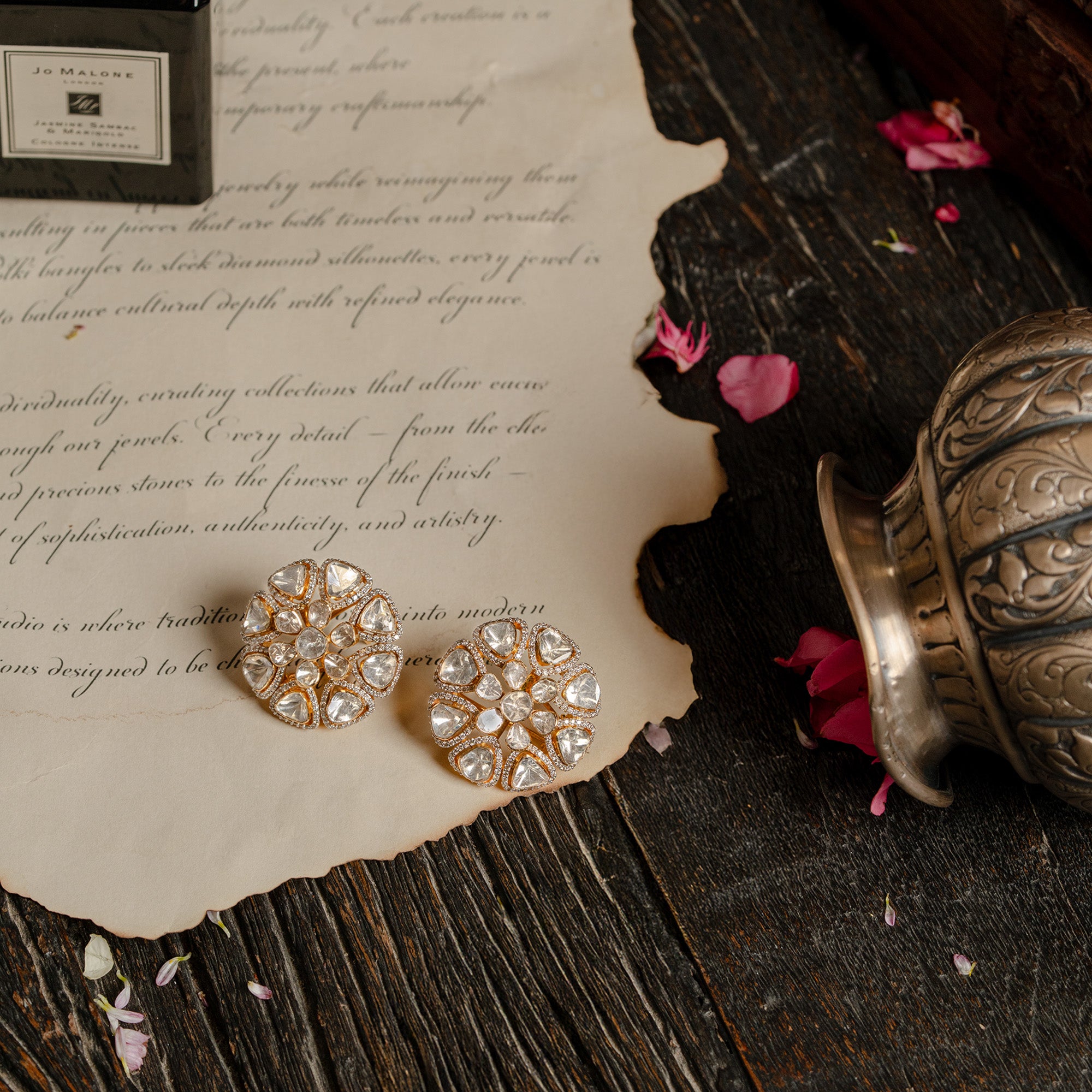 Polki uncut diamond gold earrings, handcrafted traditional luxury jewellery for women