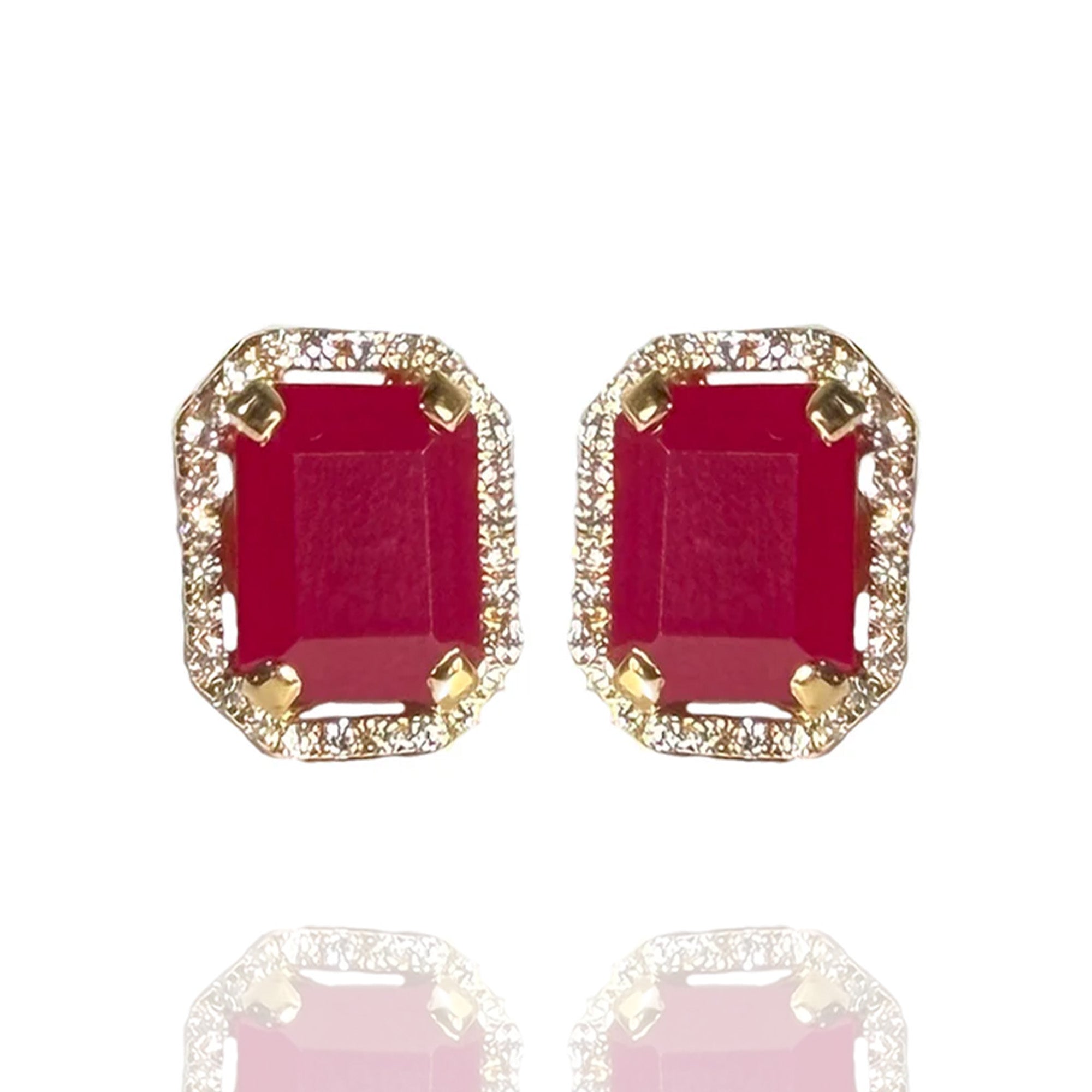 Rectangle ruby diamond gold earrings, luxury handcrafted fine jewellery, statement earrings