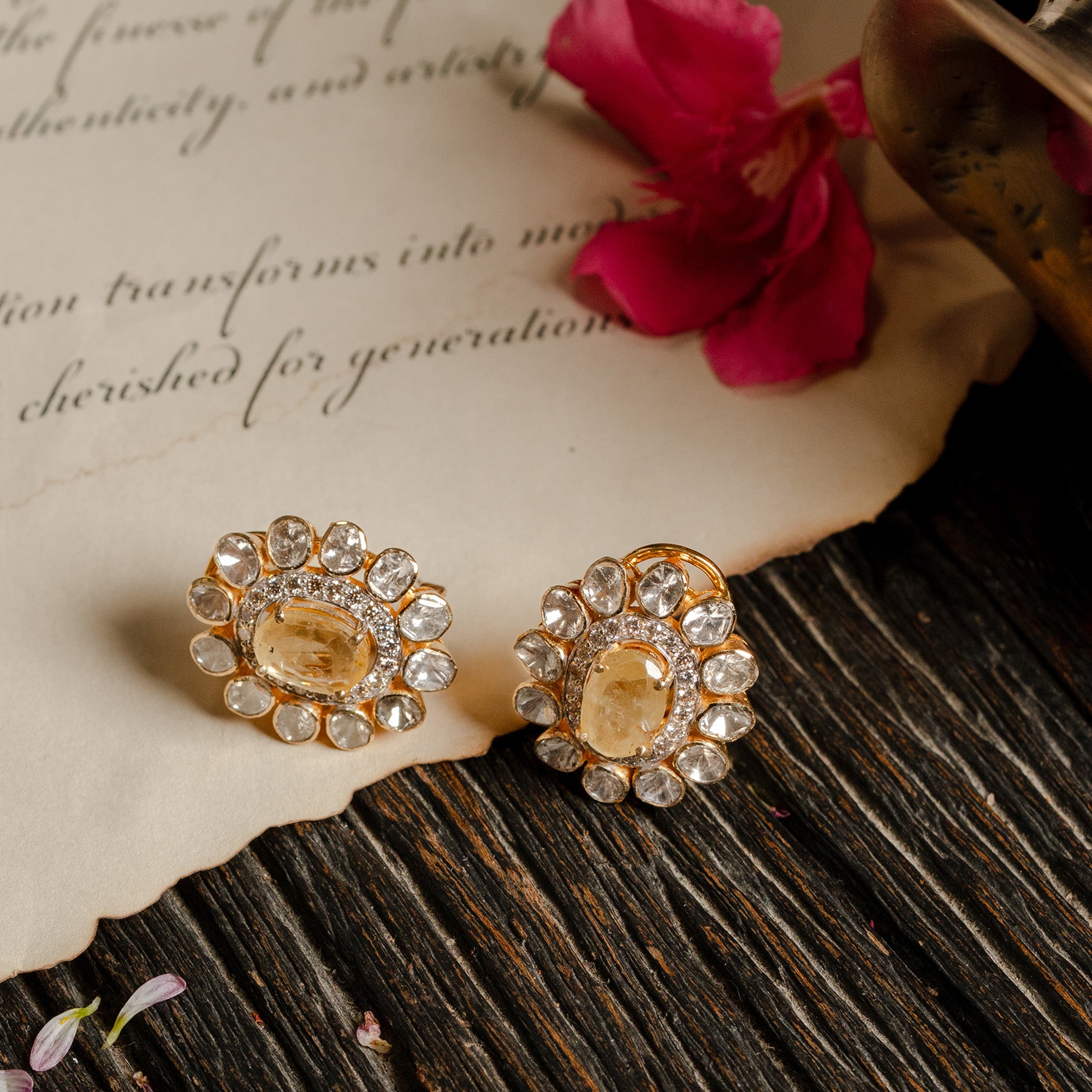 Polki diamonds with yellow sapphire gold earrings, handcrafted luxury Indian fine jewellery