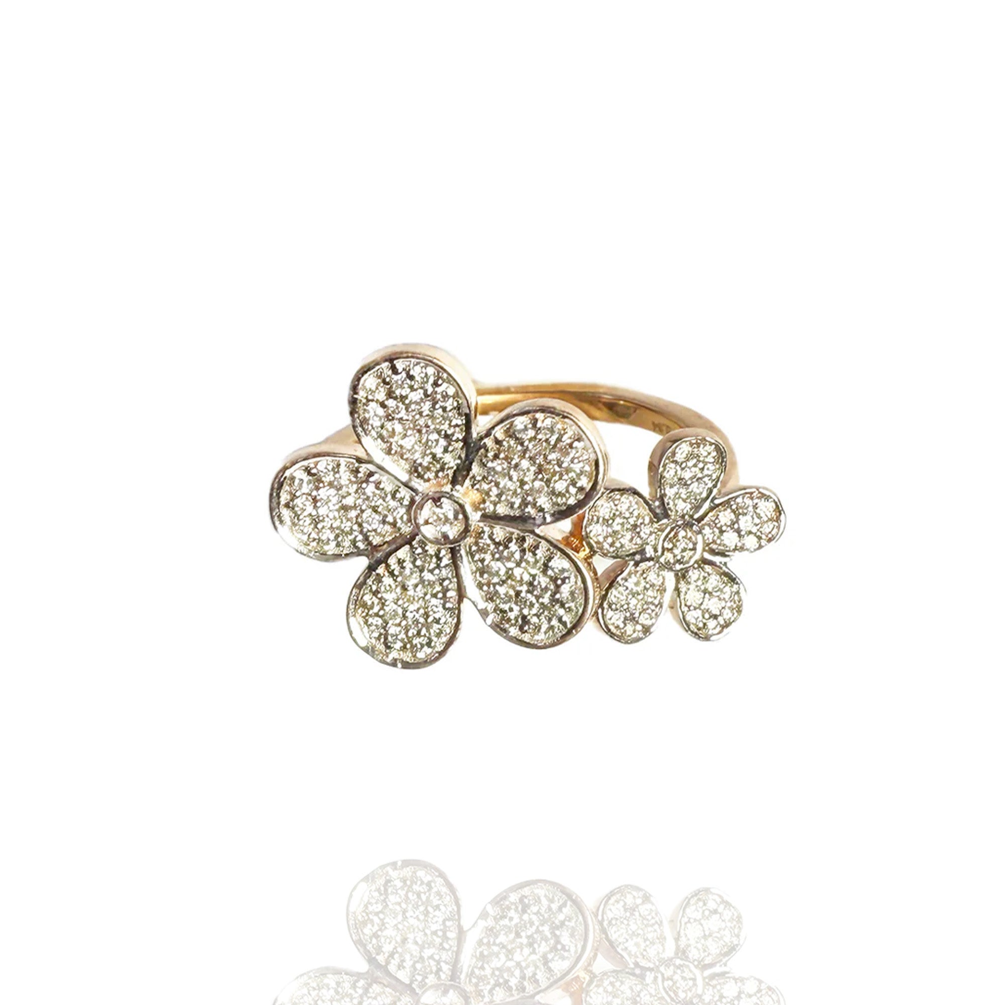 Floral dual diamond gold ring, luxury handcrafted fine jewellery, statement ring