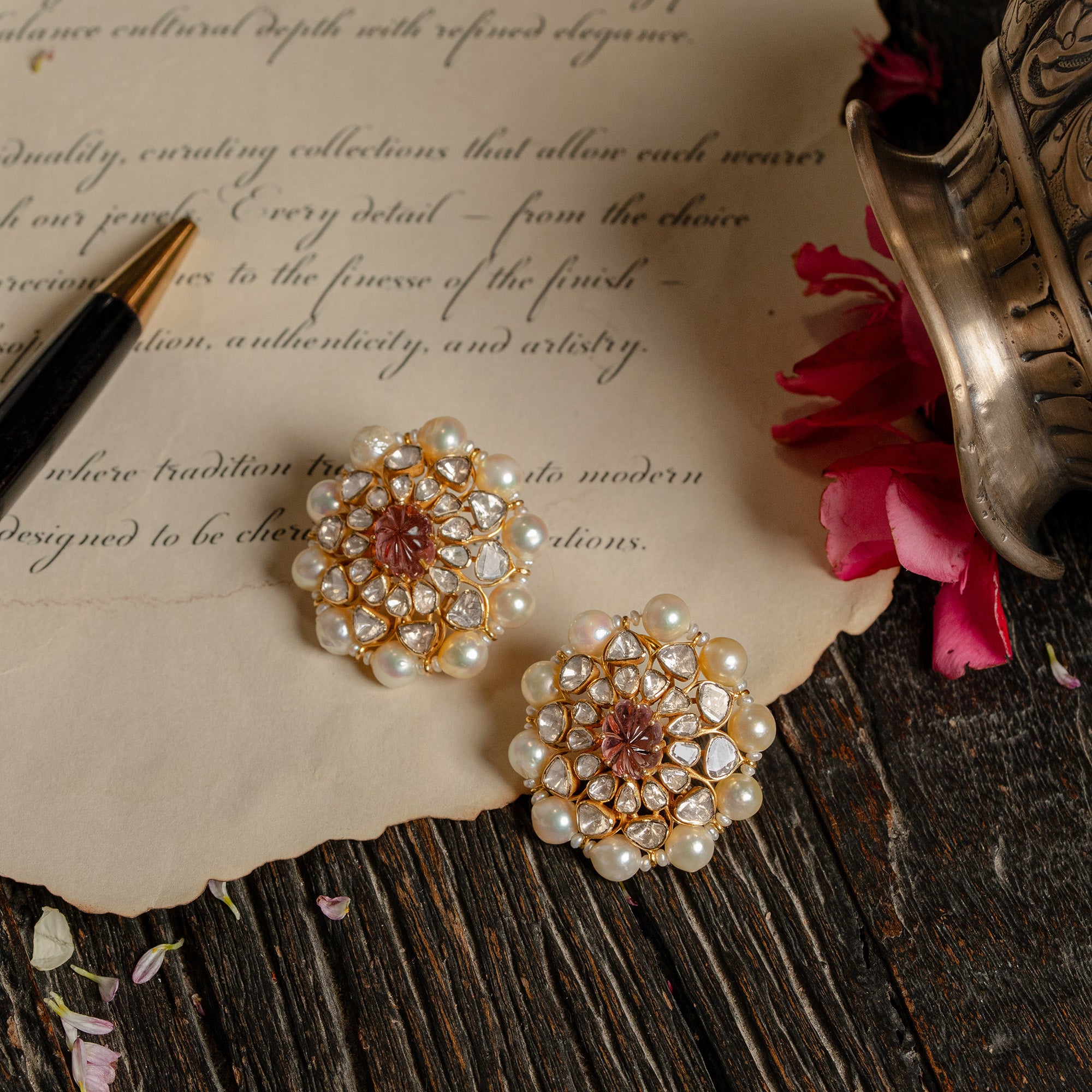 Pearl and Polki diamond gold earrings, traditional handcrafted luxury fine jewellery for women