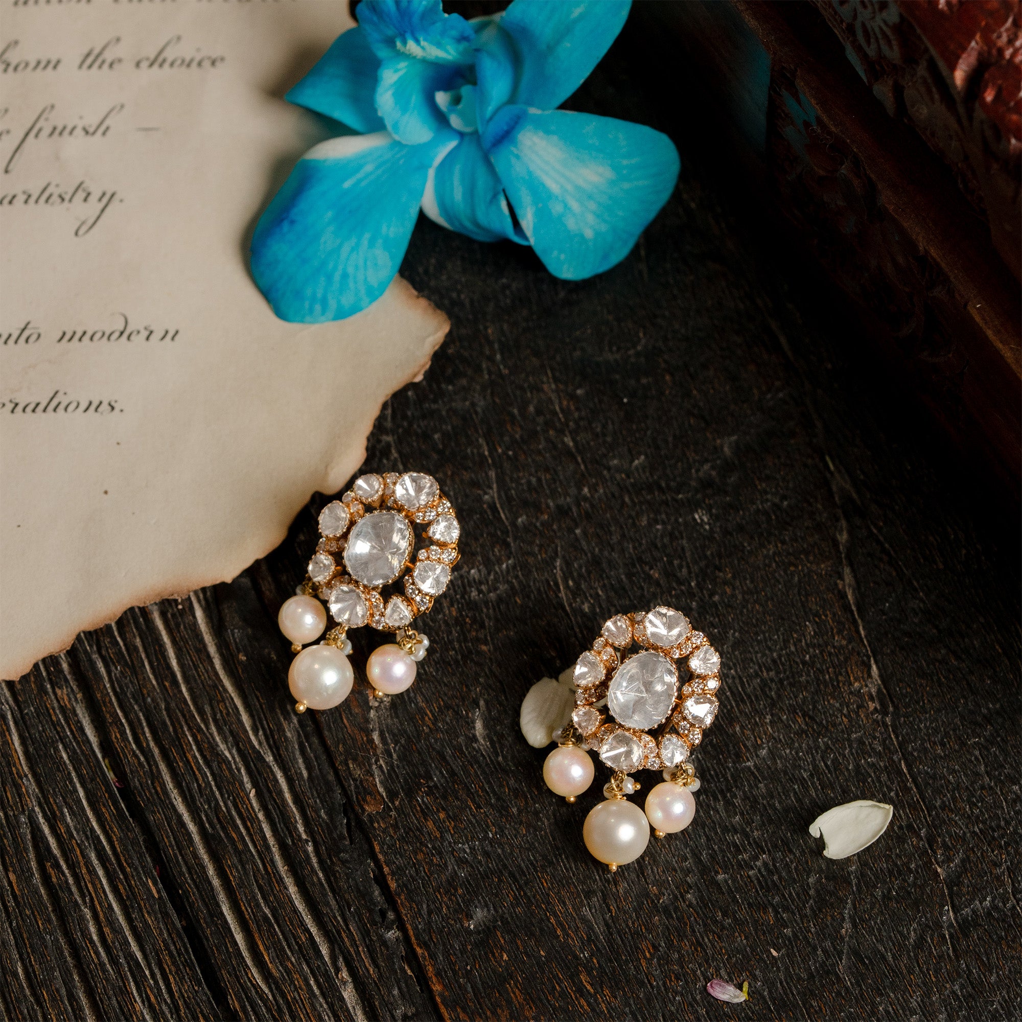 Polki uncut diamond gold earrings, handcrafted heritage luxury jewellery for women in India